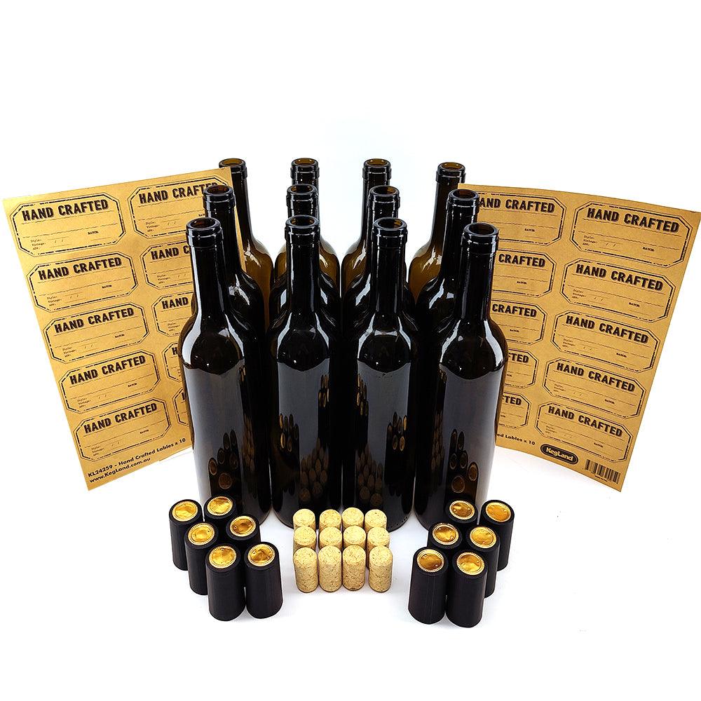 12 x 750mL Wine Bottles - Including Corks, Black Heat Shrink Sleeves & Hand Crafted Labels - KegLand