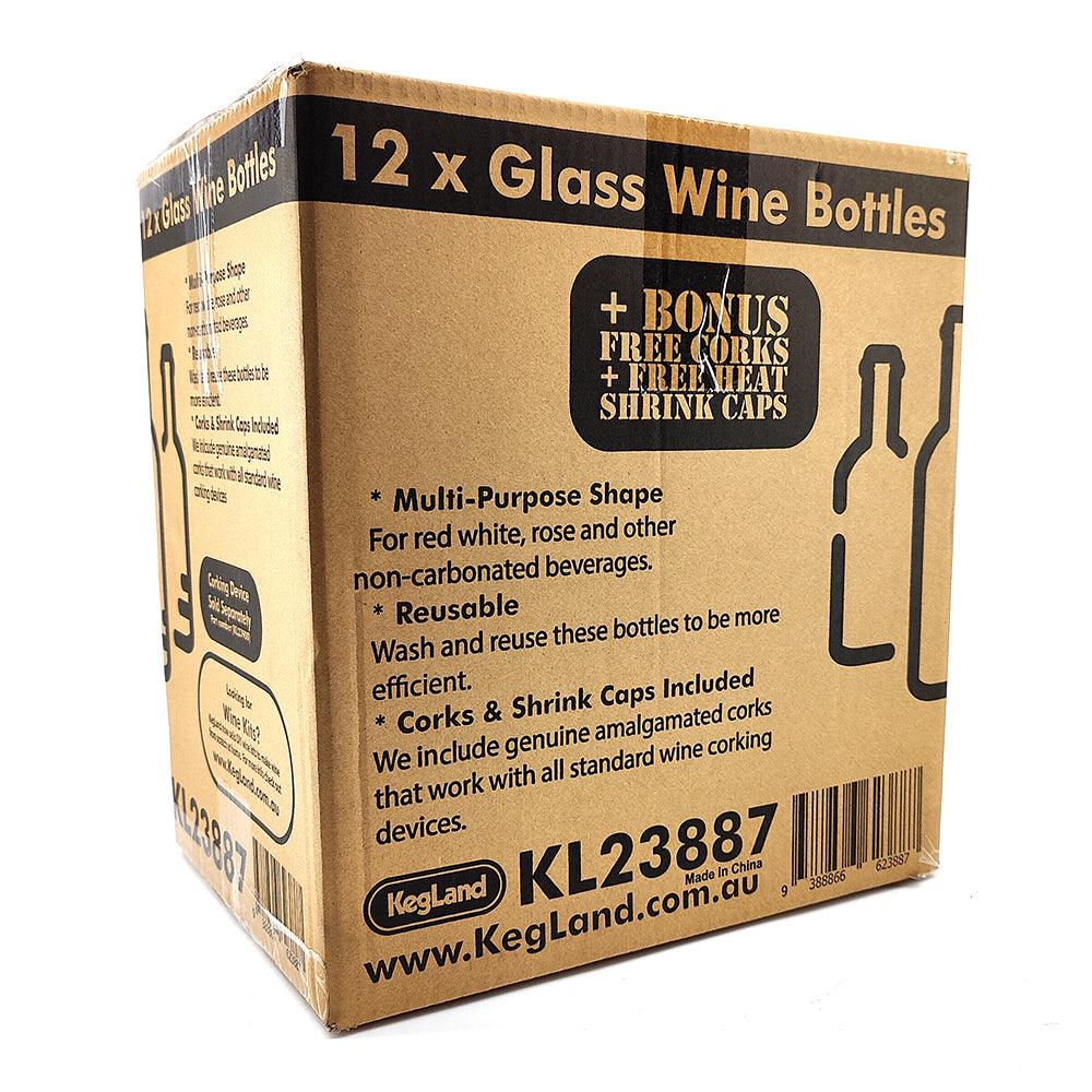 12 x 750mL Wine Bottles - Including Corks, Black Heat Shrink Sleeves & Hand Crafted Labels - KegLand