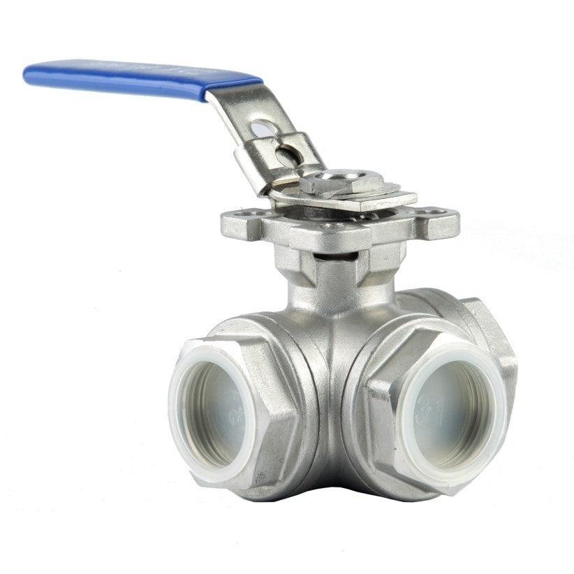 3 Way Ball Valve to 1/2' Threads (SS 304) - T Port Configuration - KegLand