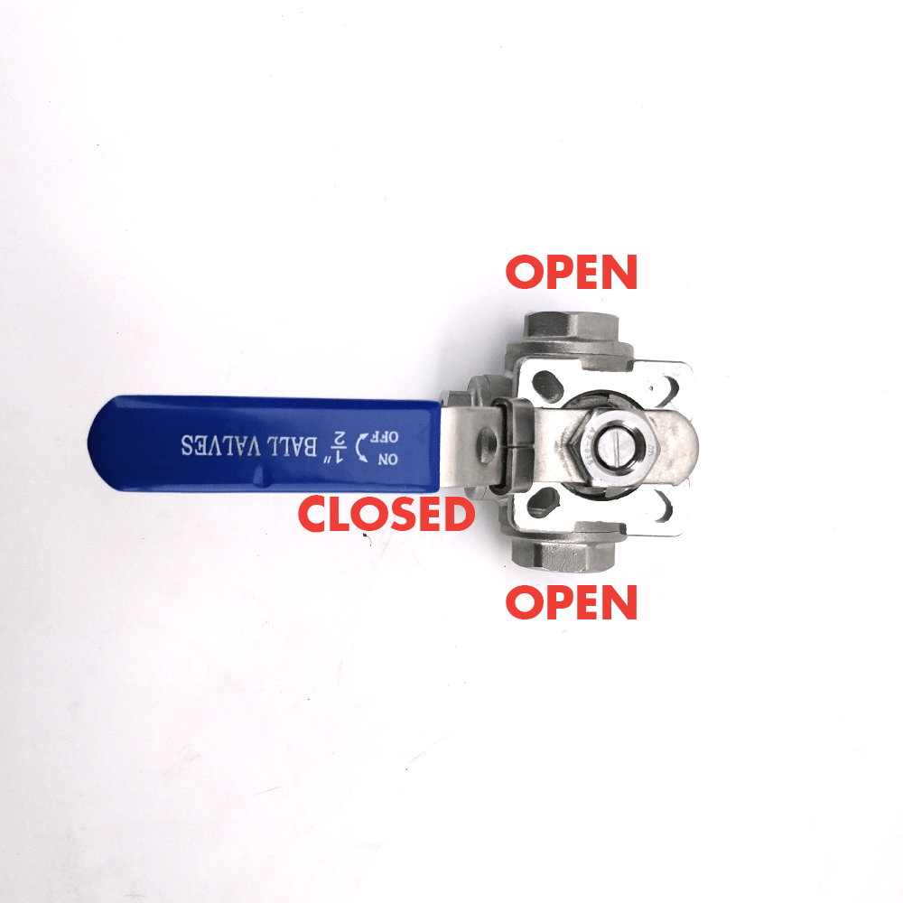 3 Way Ball Valve to 1/2' Threads (SS 304) - T Port Configuration - KegLand