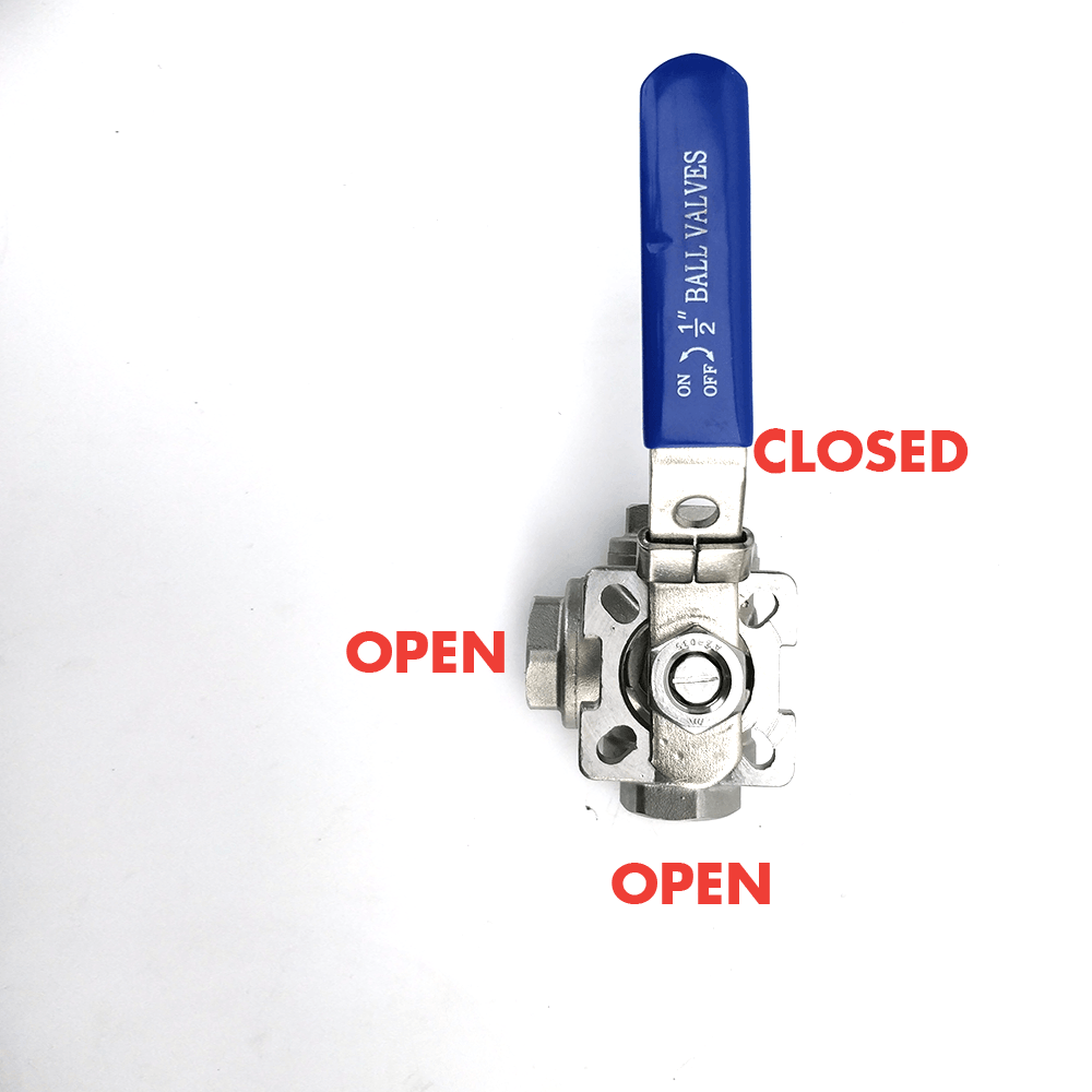 3 Way Ball Valve to 1/2' Threads (SS 304) - T Port Configuration - KegLand