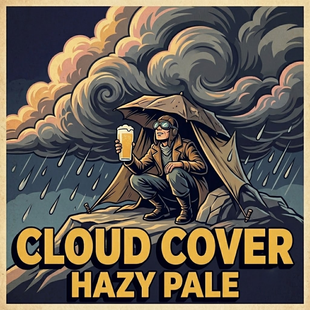 A man in a tent grasping a perfect pint of Cloud Cover Hazy Pale Ale Whilst taking cover from the clouds