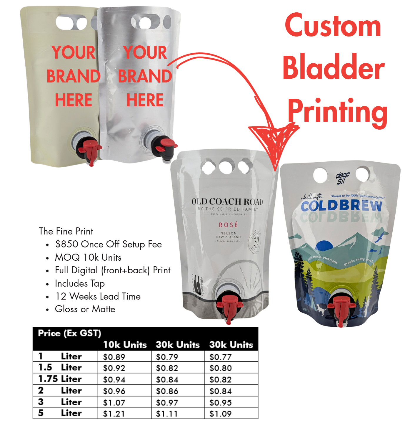 Custom stand up bladder printing and prices