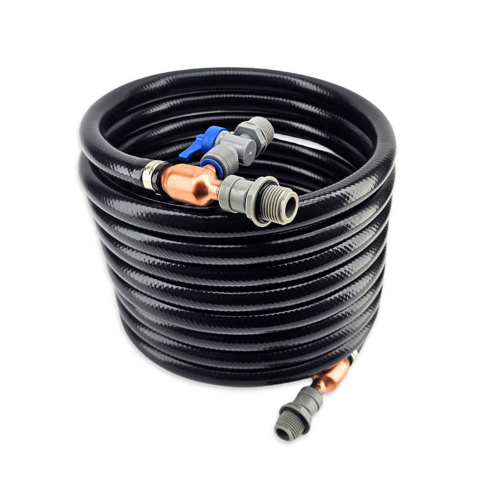 These copper counter flow chillers are probably one of the fastest ways to chill wort. They are similarly efficient as the 30 plate chillers however they are easier to clean as they do not have all the small crevasses to trap hop material and other
solids.