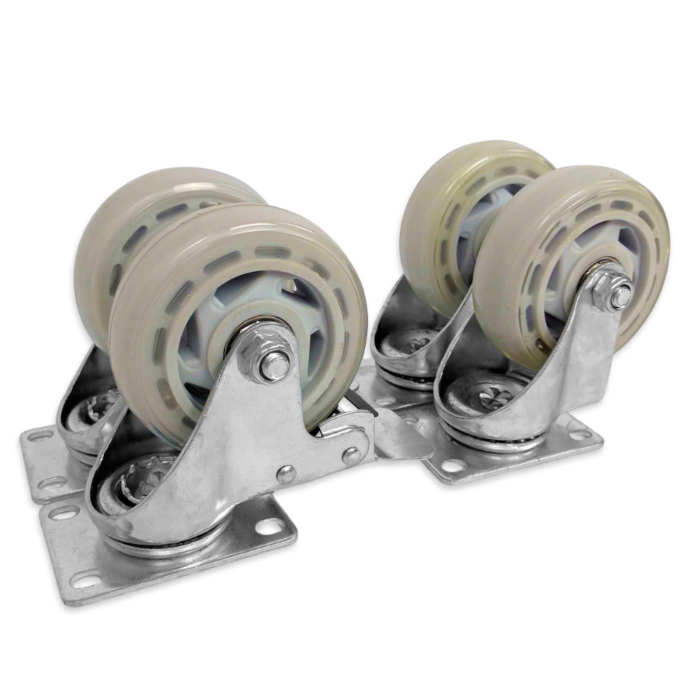 These 100mm diameter castor wheels are a heavy duty castor wheel. Each wheel has a polyurethane tread and steel bearings, making them super soft on hard floors and super smooth to wheel around.