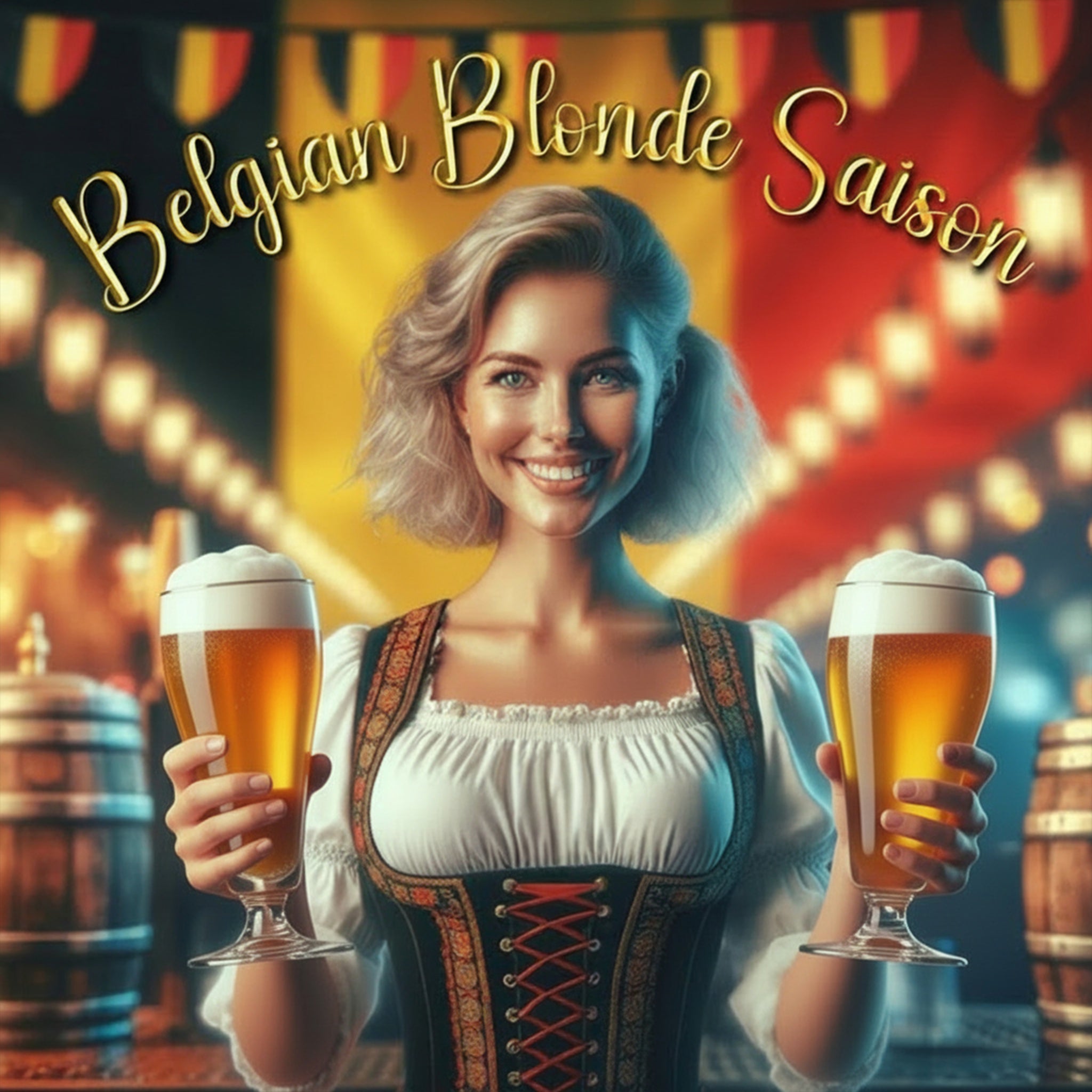 Woman in traditional Belgian attire holding two glasses of beer with 'Belgian Blonde Saison' text.