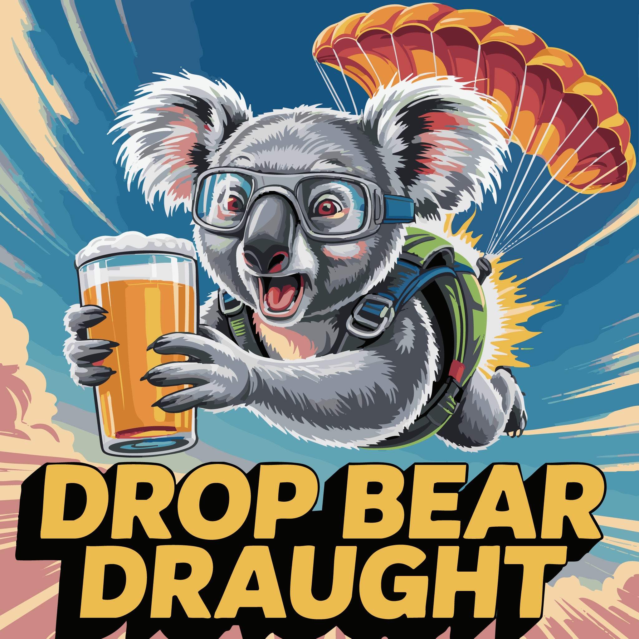 Illustration of a koala parachuting with a beer and goggles, labeled 'Drop Bear Draught' against a colorful background.