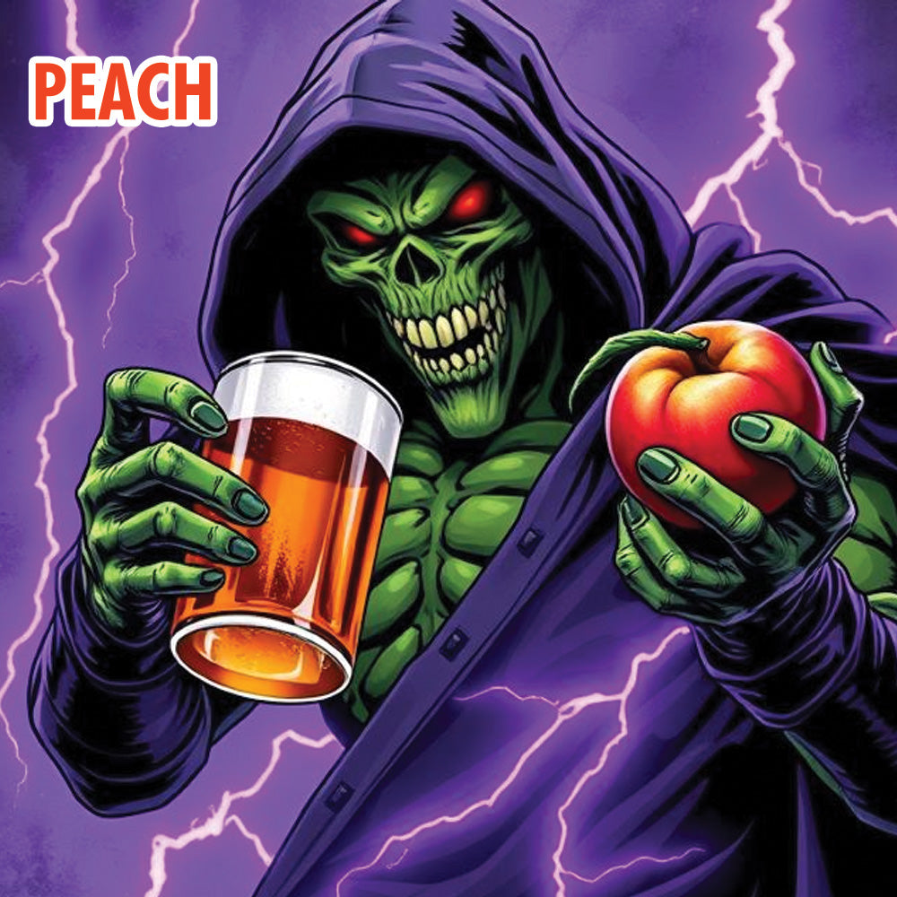 Green superhero in a purple hood holding a beer and a peach against a purple background with lightning.