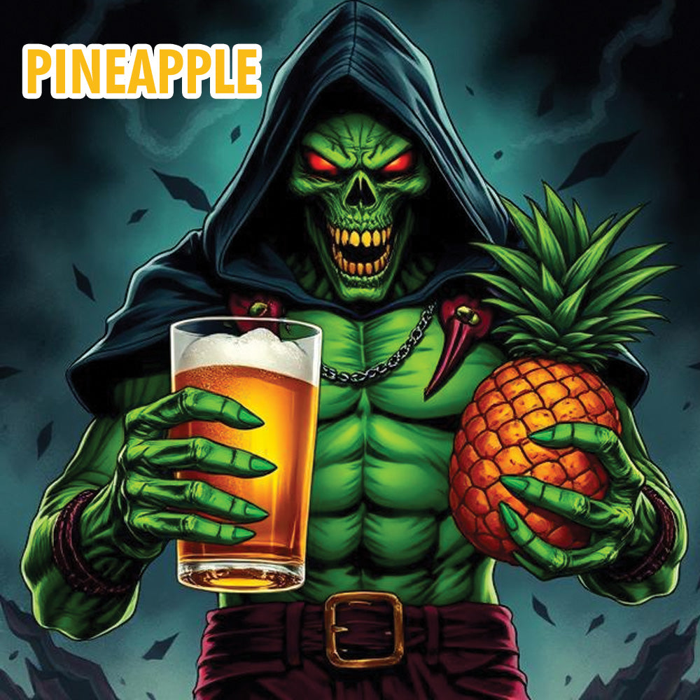 Green-skinned creature in a hood holding a beer and a pineapple against a dark background.