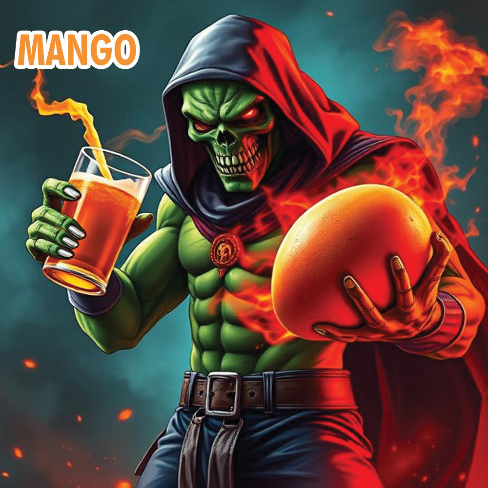 Character in a red hood holding a glass of orange juice and an orange, with 'Mango' text above.