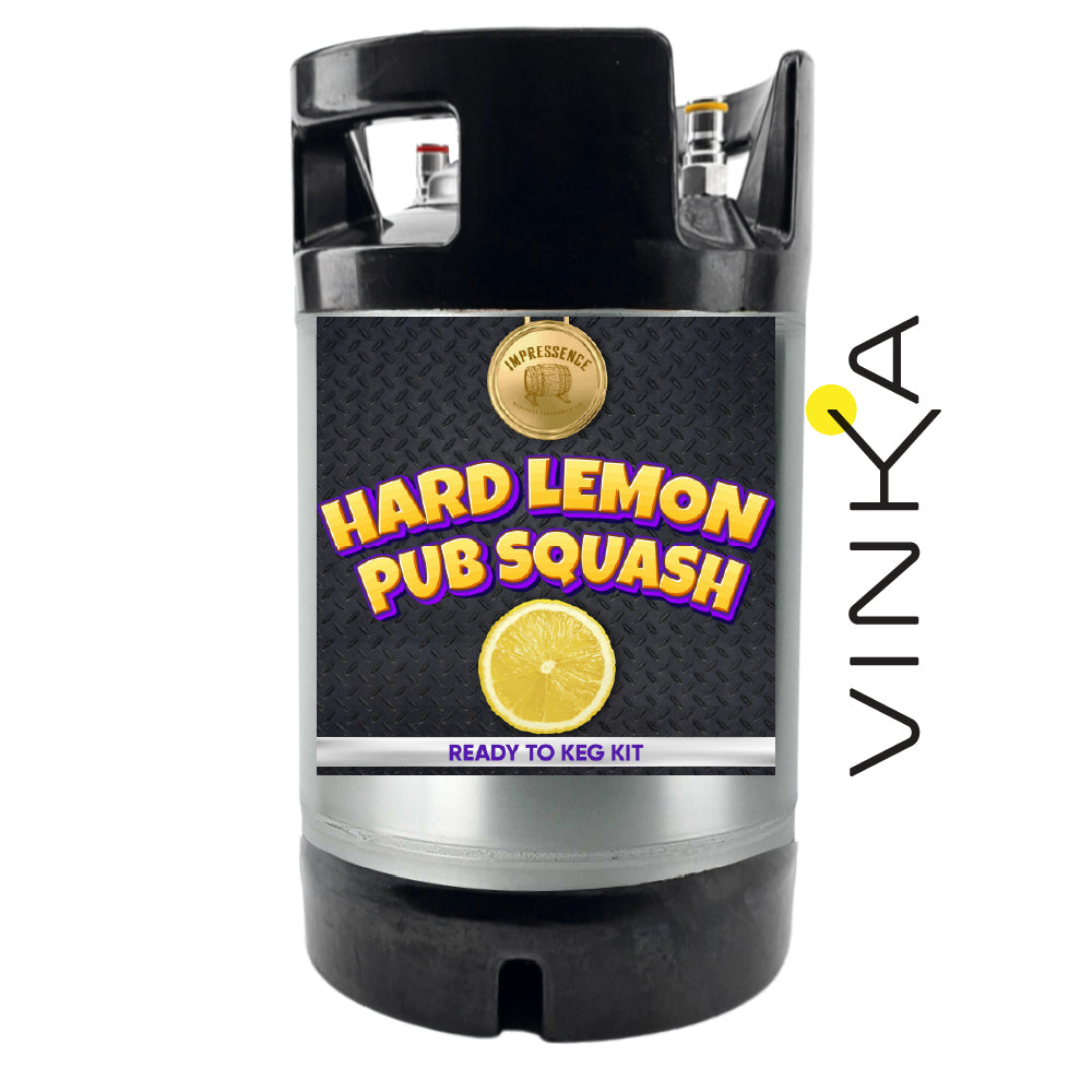 Black keg labeled 'Hard Lemon Pub Squash' with Vinka branding on a white background