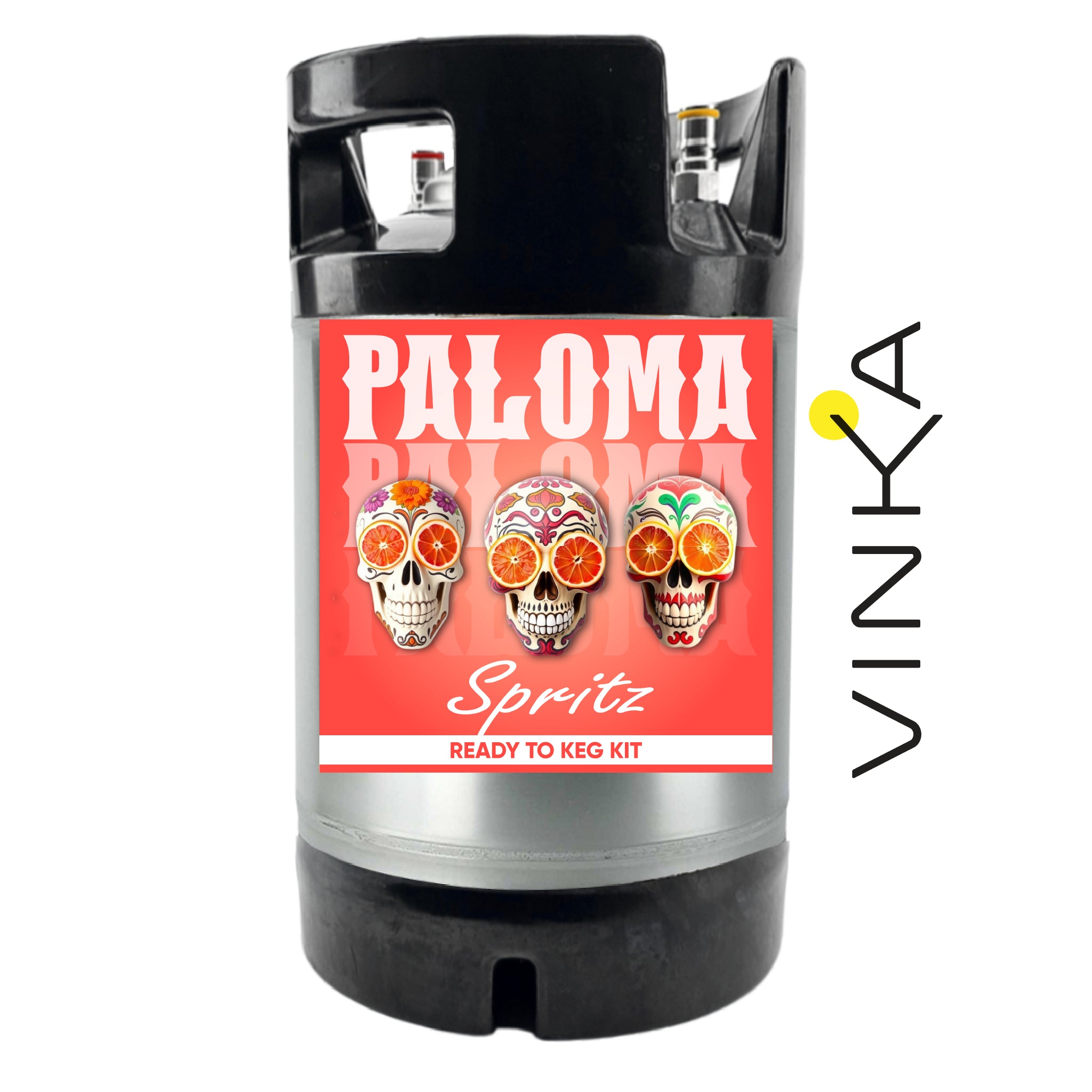 Vinka Paloma Spritz ready-to-keg kit with colorful skull design on a white background