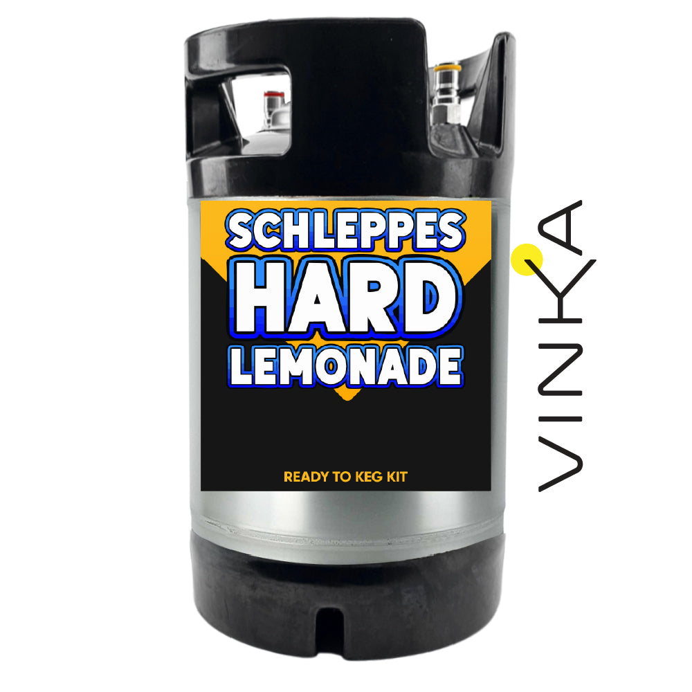 Black keg with 'Schleppes Hard Lemonade' label and Vinka branding on a white background