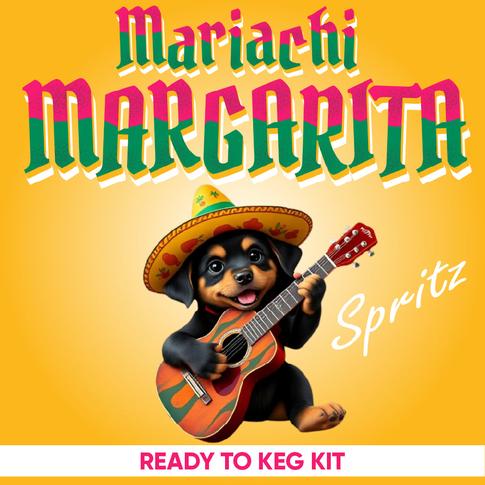 Illustration of a dog playing a guitar with 'Mariachi Margarita Spritz' text on a yellow background