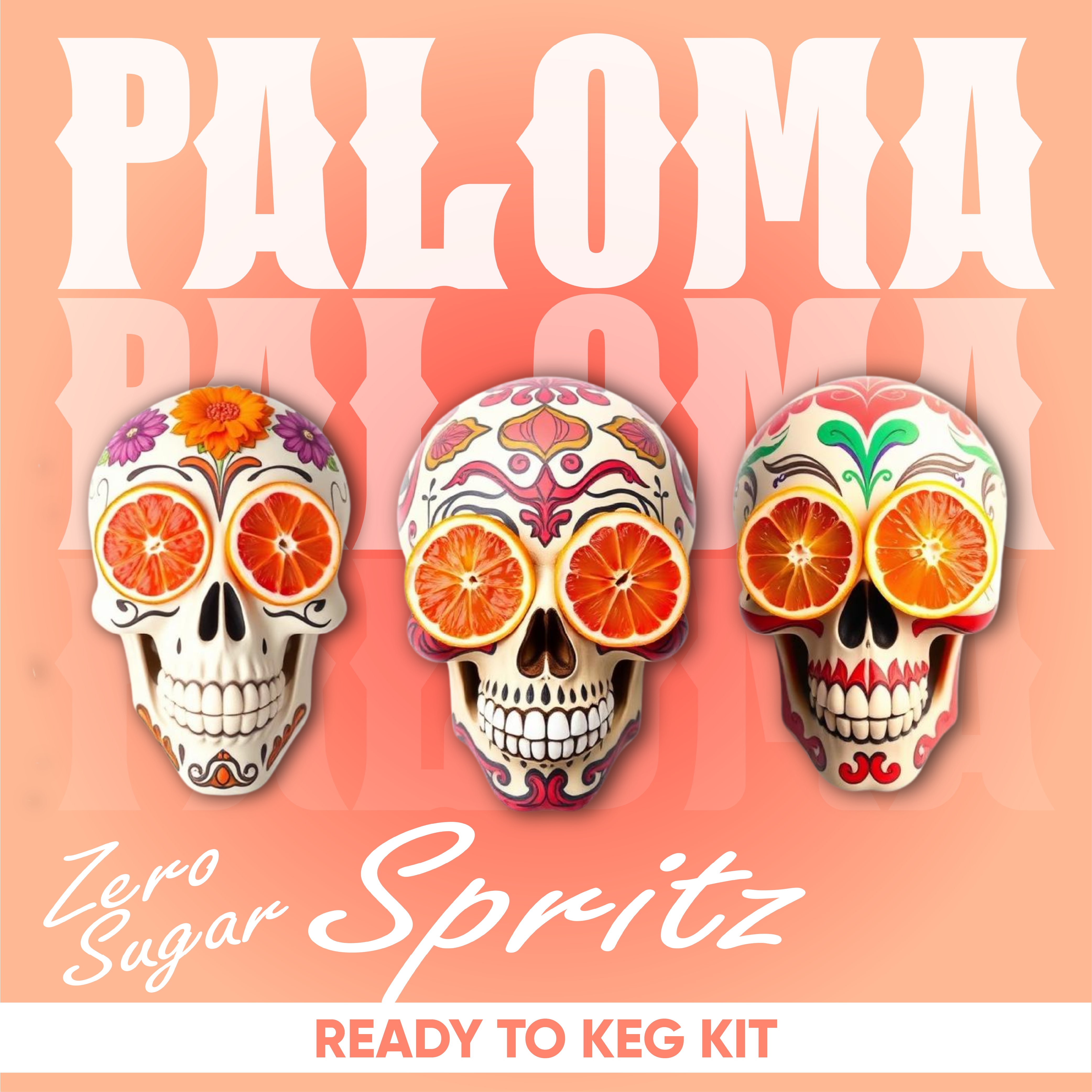 Three colorful skull designs with oranges on a pink background, featuring the brand 'Paloma'.