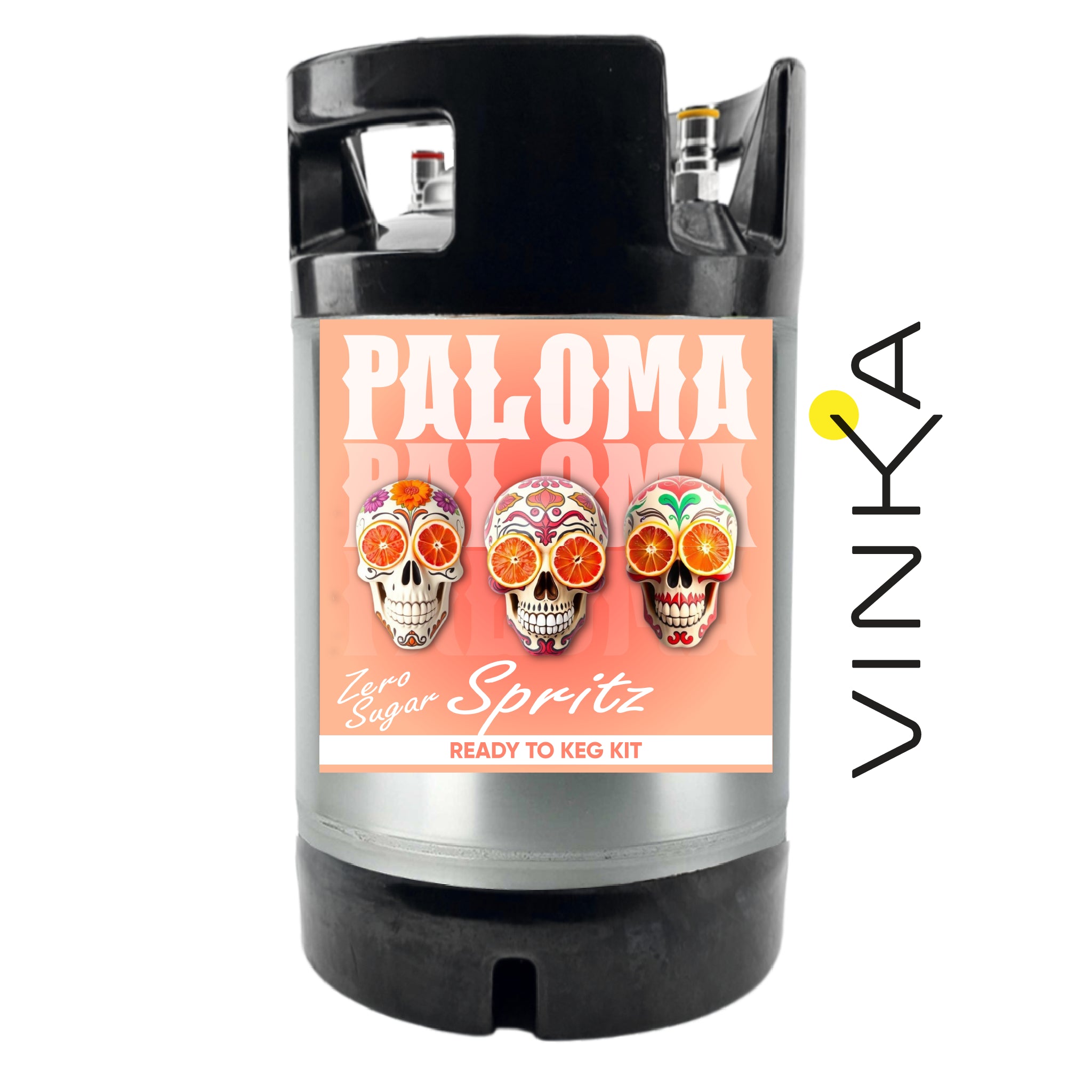 Vinka Paloma Zero Sugar Spritz keg kit with colorful skull design on a white background