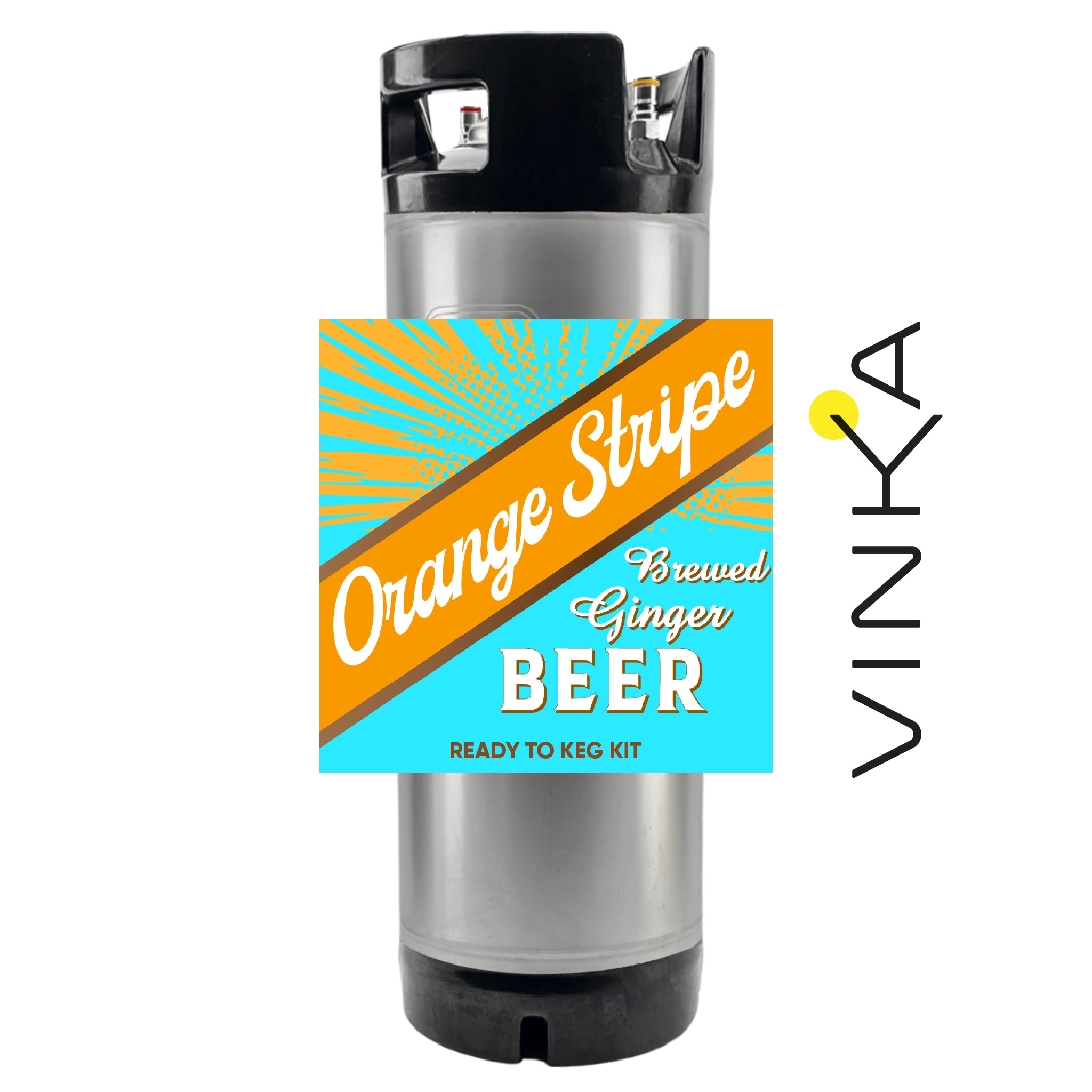 Vinka Orange Stripe Brewed Ginger Beer canister with label on a white background