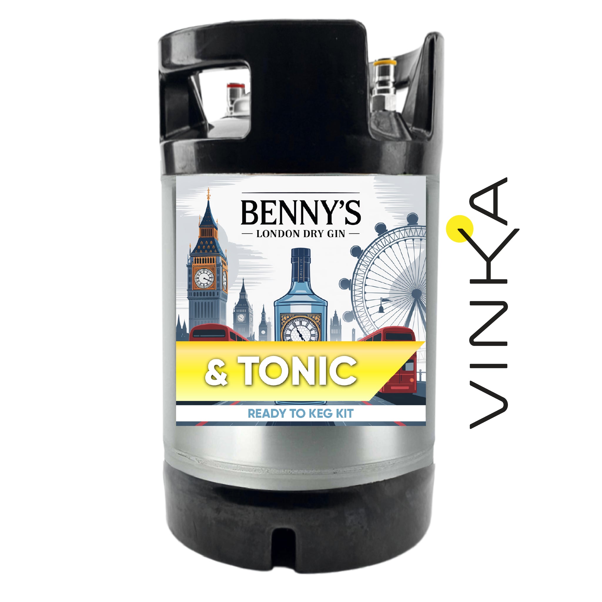 Benny's London Dry Gin & Tonic ready-to-keg kit with Vinka branding on a white background