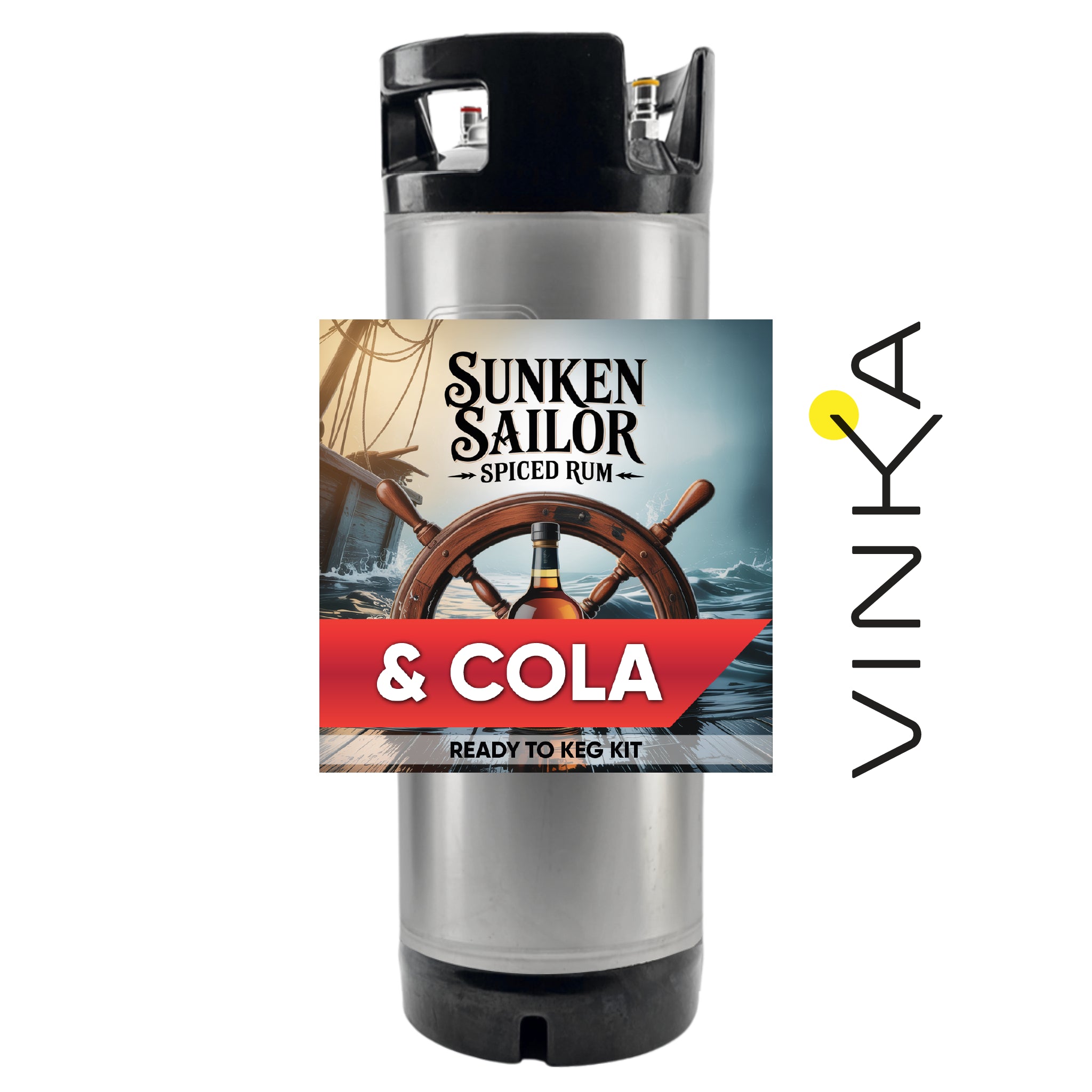 Sunken Sailor Spiced Rum & Cola ready-to-keg kit with Vinka branding on a white background
