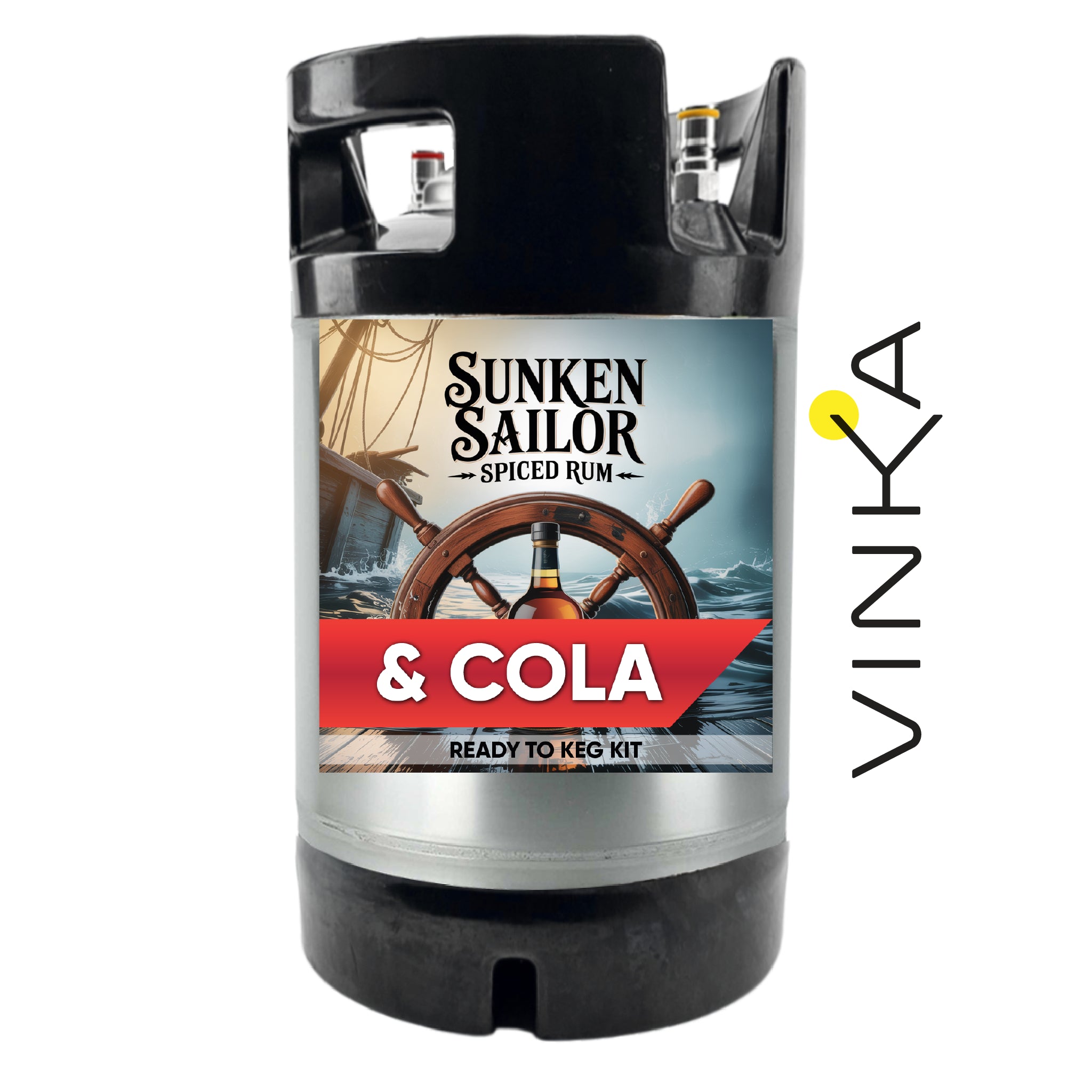 Sunken Sailor Spiced Rum & Cola ready-to-keg kit with Vinka branding on a white background
