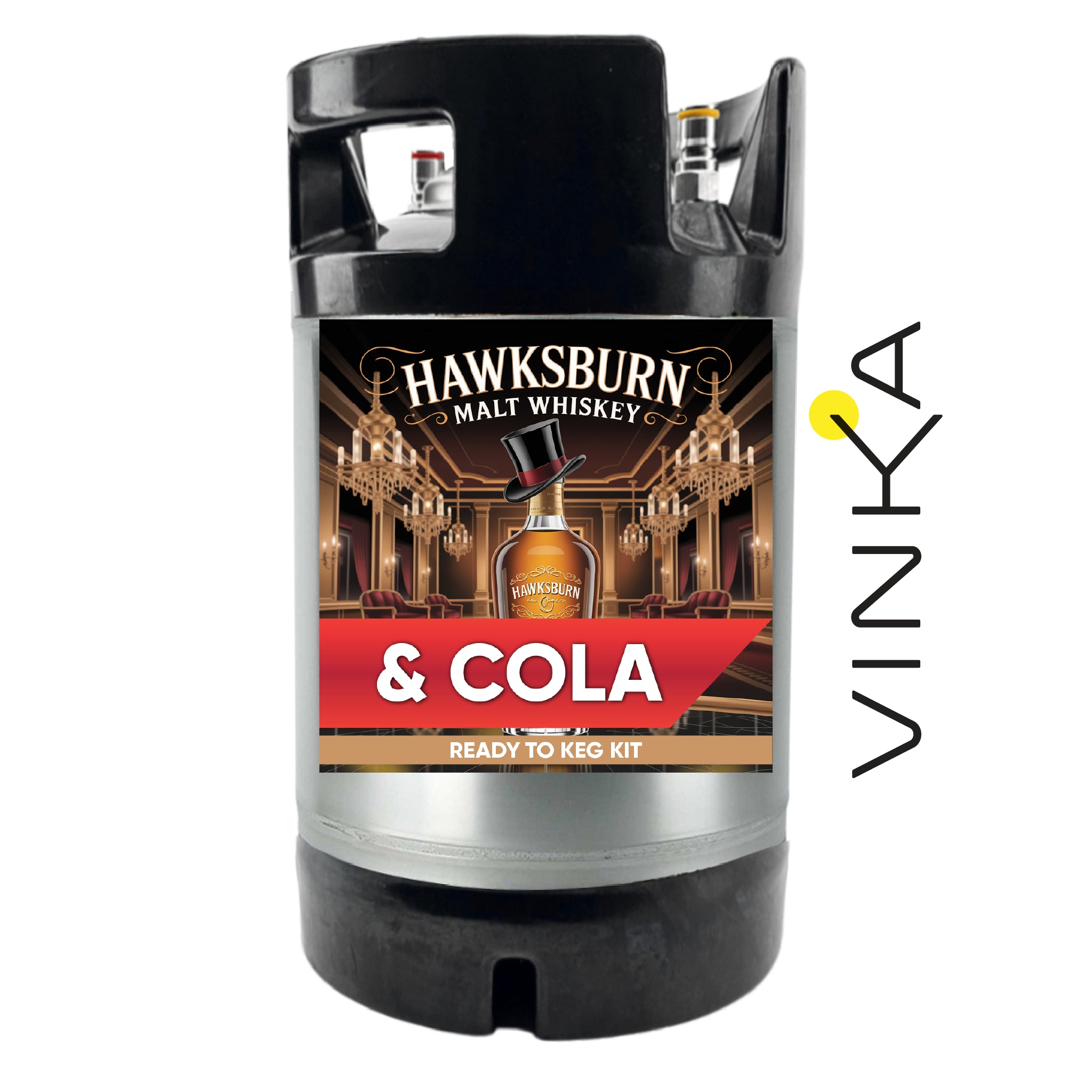 Hawksburn Malt Whiskey & Cola keg kit with Vinka branding on a white background