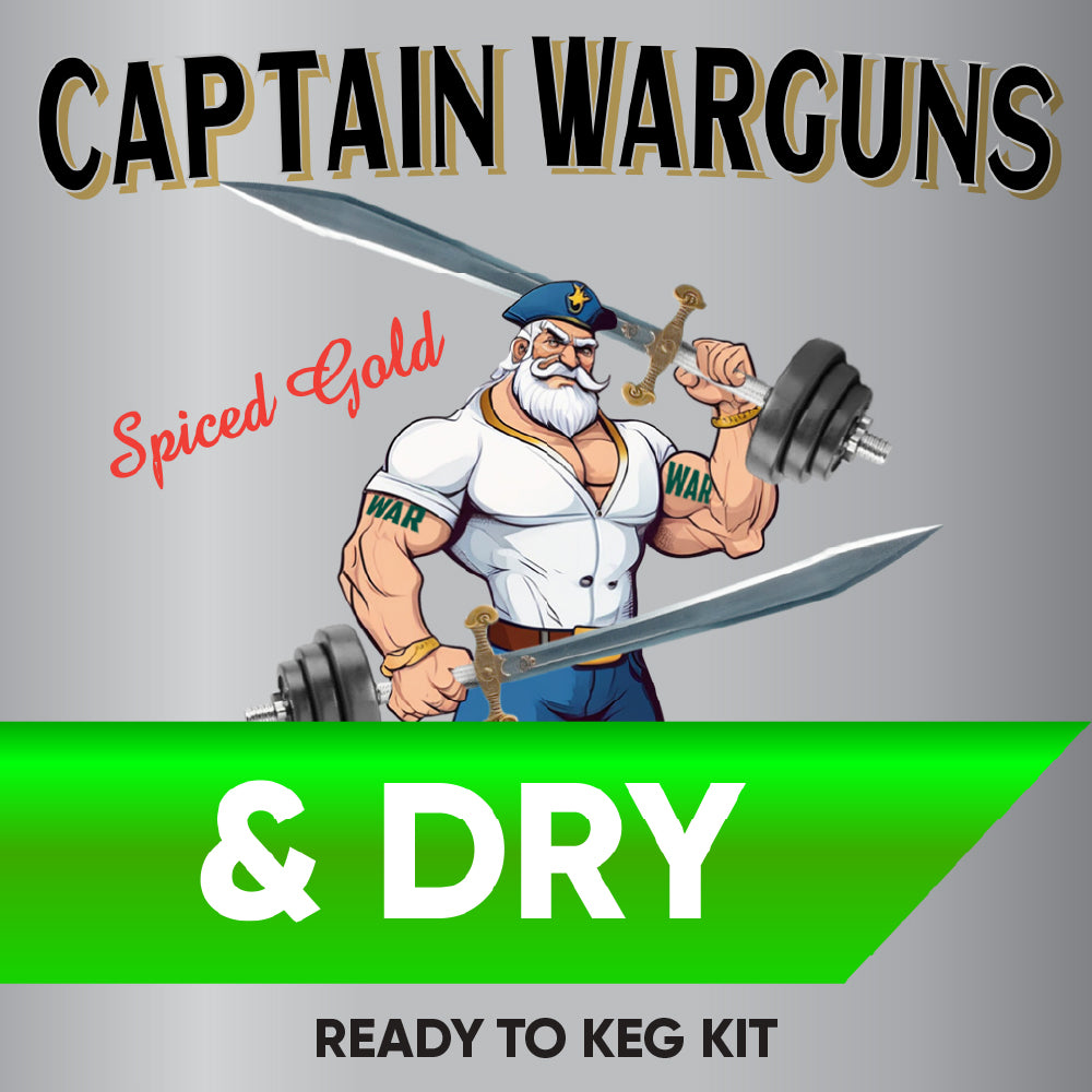 Captain Warguns Spiced Gold & Dry ready to keg kit with a cartoon character holding a sword and weight.