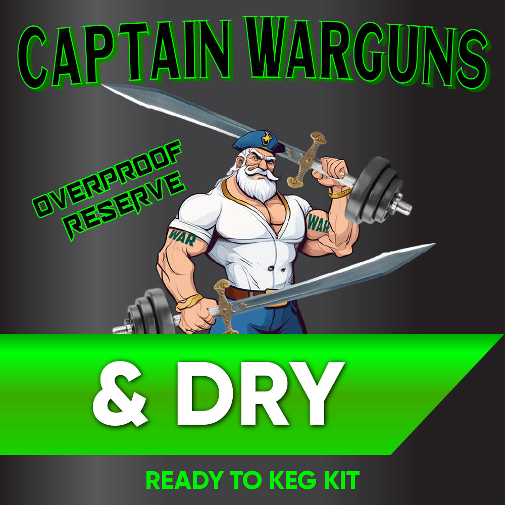 Captain Warguns branding with a character holding a sword and barbell, and text about an overproof reserve and ready-to-keg kit.