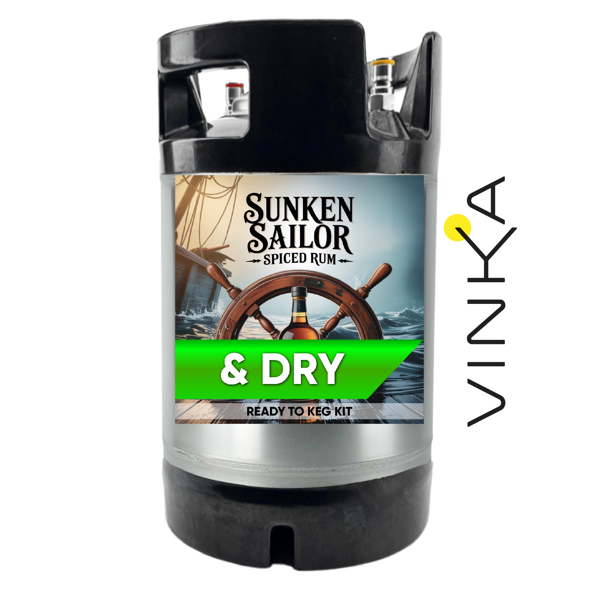 Sunken Sailor Spiced Rum keg kit with Vinka branding on a white background