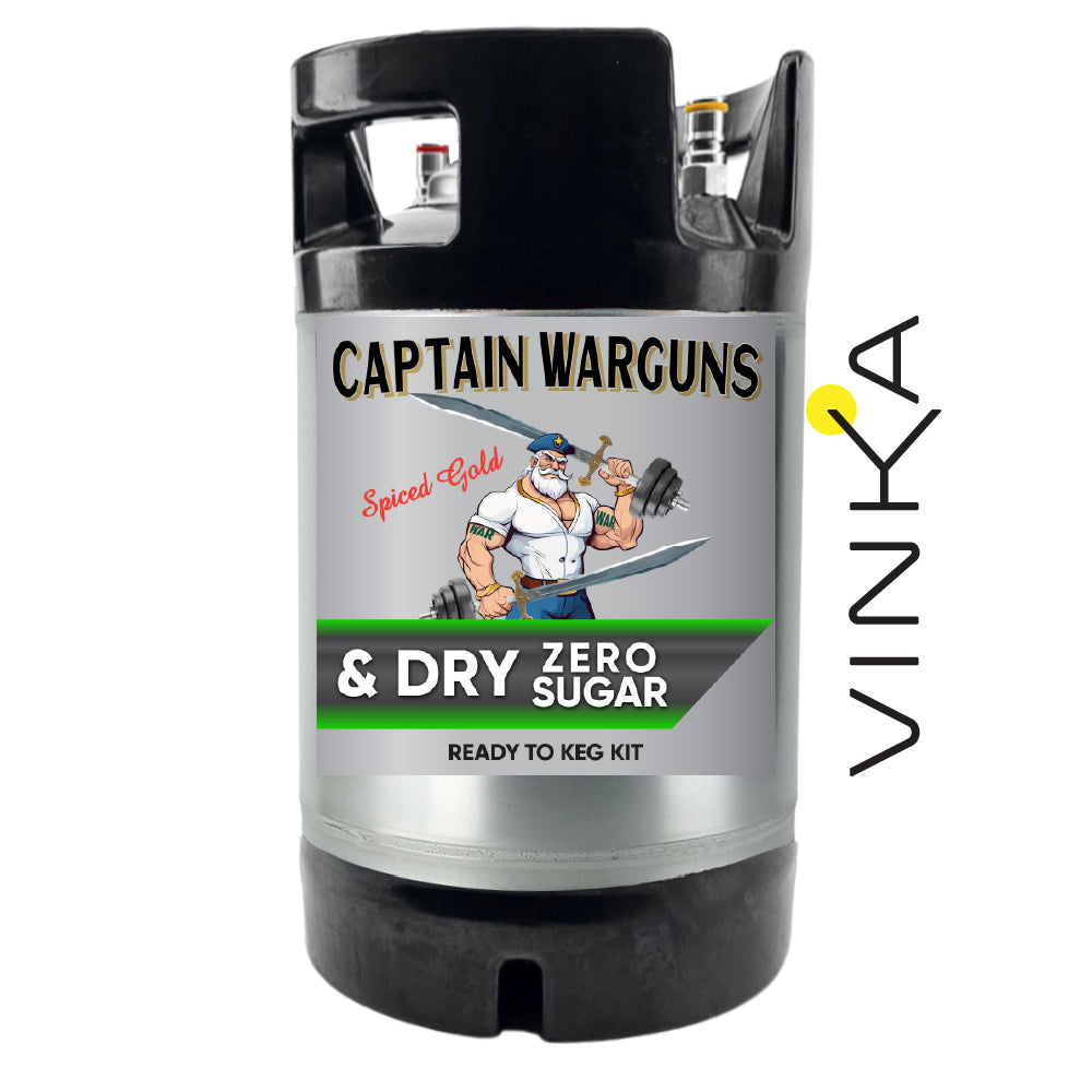 Captain Warguns & Dry Zero Sugar keg kit with Vinka branding on a white background