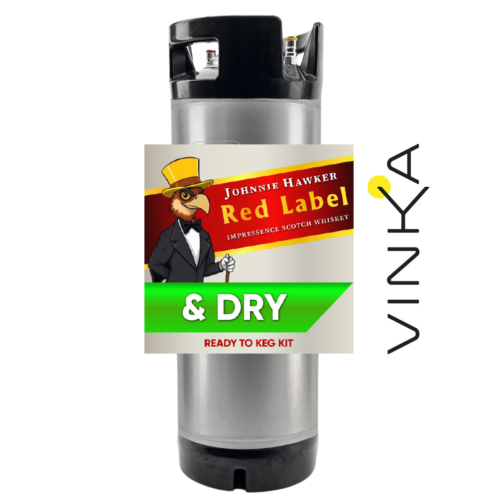 Johnnie Hawker Red Label whiskey keg kit with Vinka branding on a white background