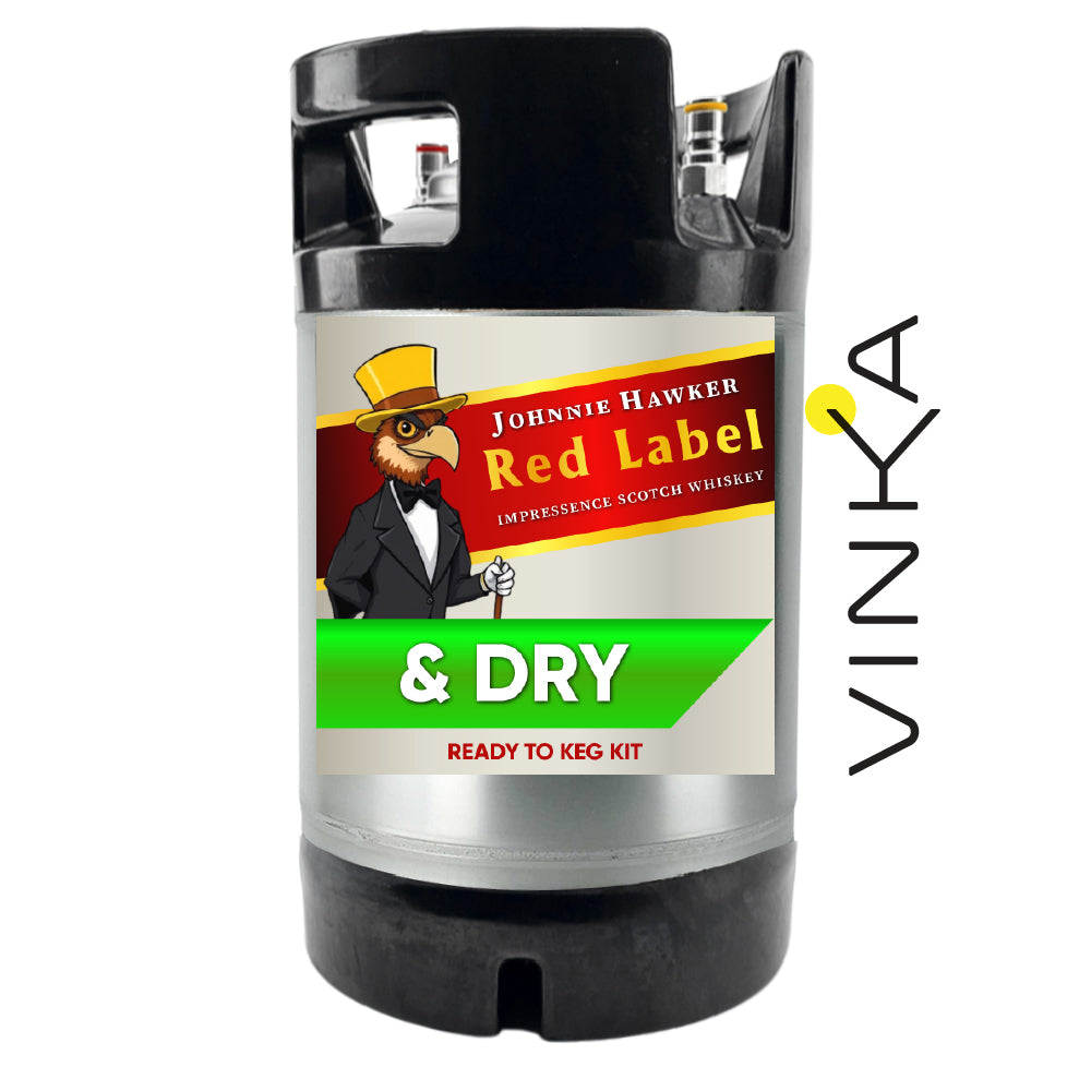 Johnnie Hawker Red Label whiskey keg kit with Vinka branding on a white background