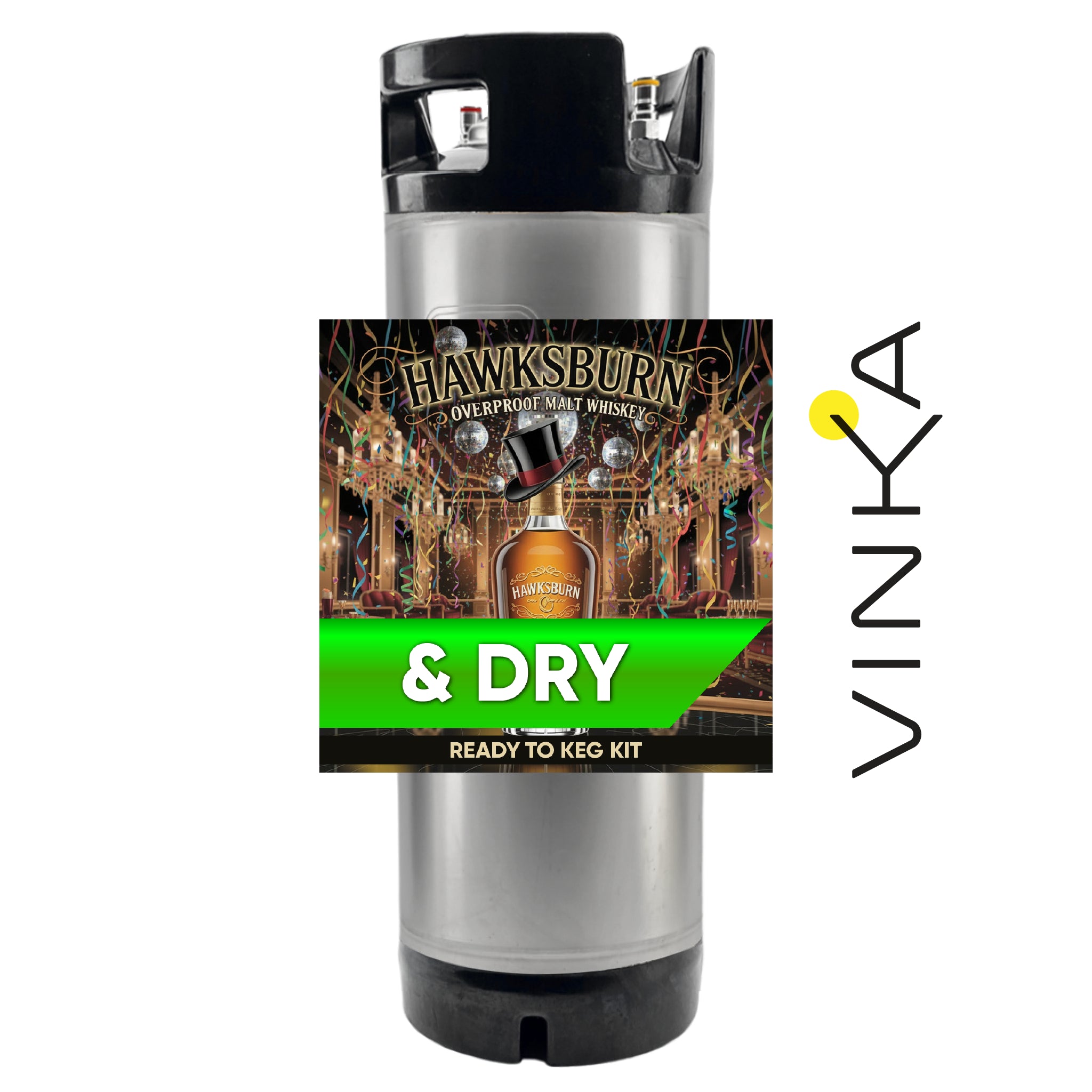 Metal canister with a label for Hawksburn whiskey and Vinka branding on a white background