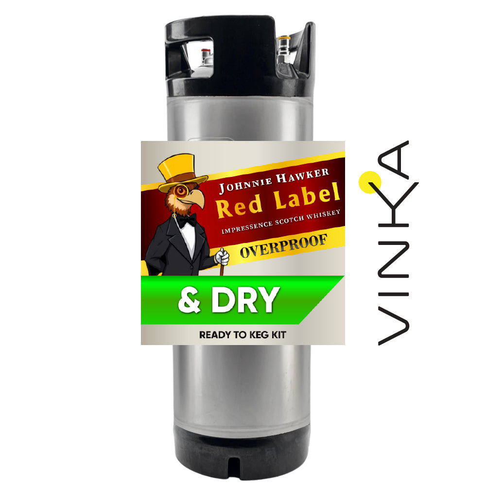 Johnnie Hawker Red Label overproof whisky ready-to-keg kit with Vinka branding.