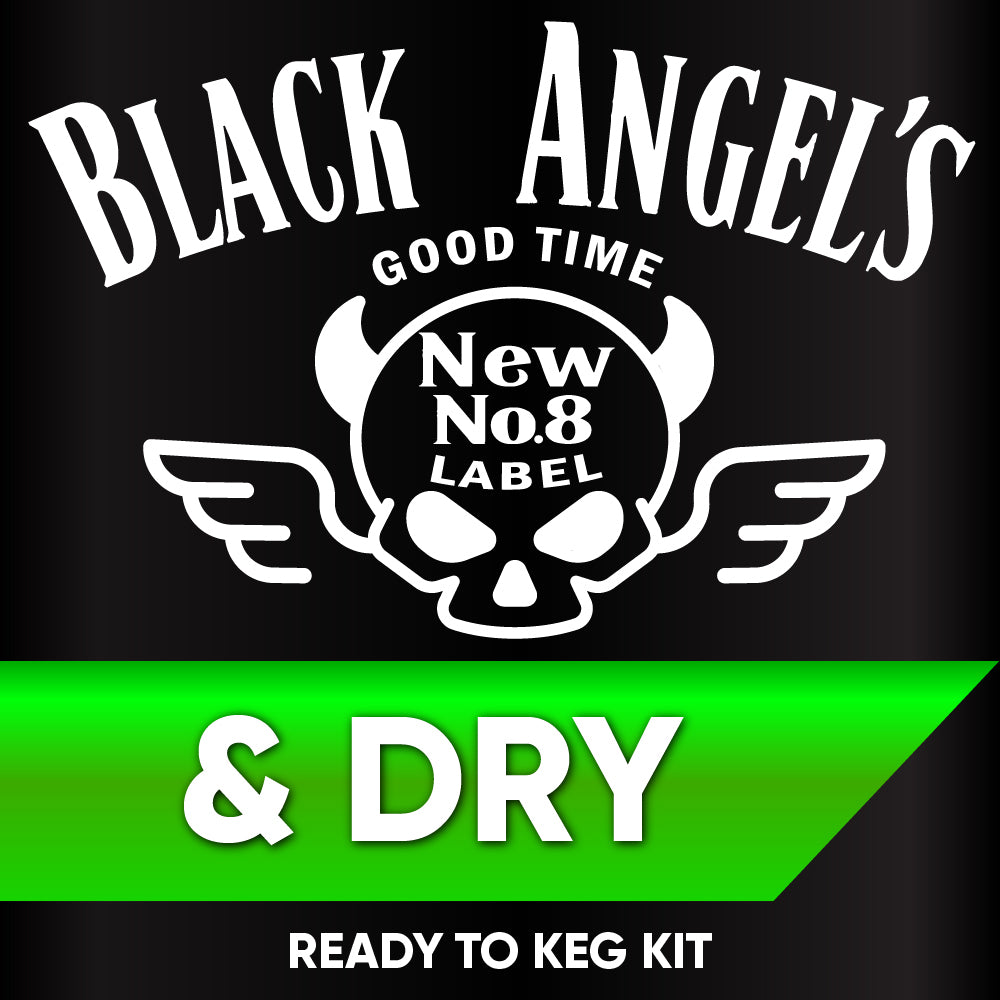 Black Angel's beer label with skull design and text on a black background