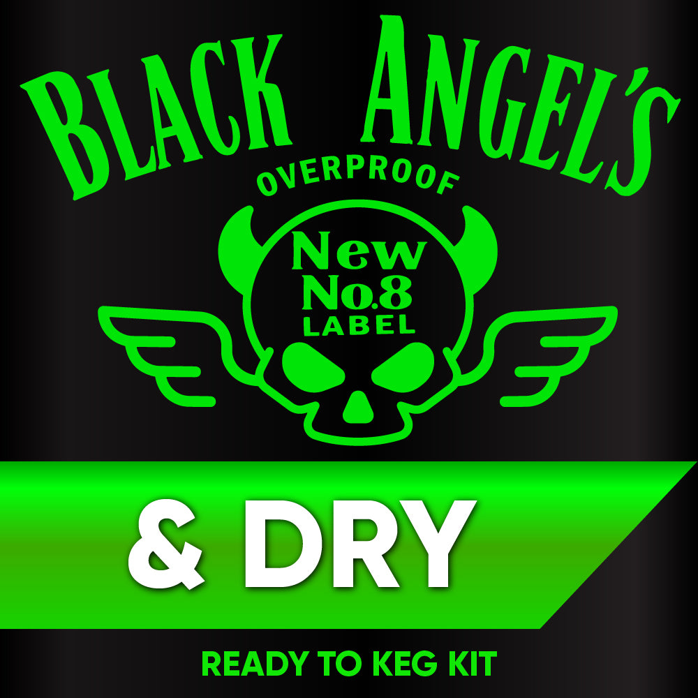 Black Angel's Overproof New No.8 Label & Dry Ready to Keg Kit packaging with green text on a black background.