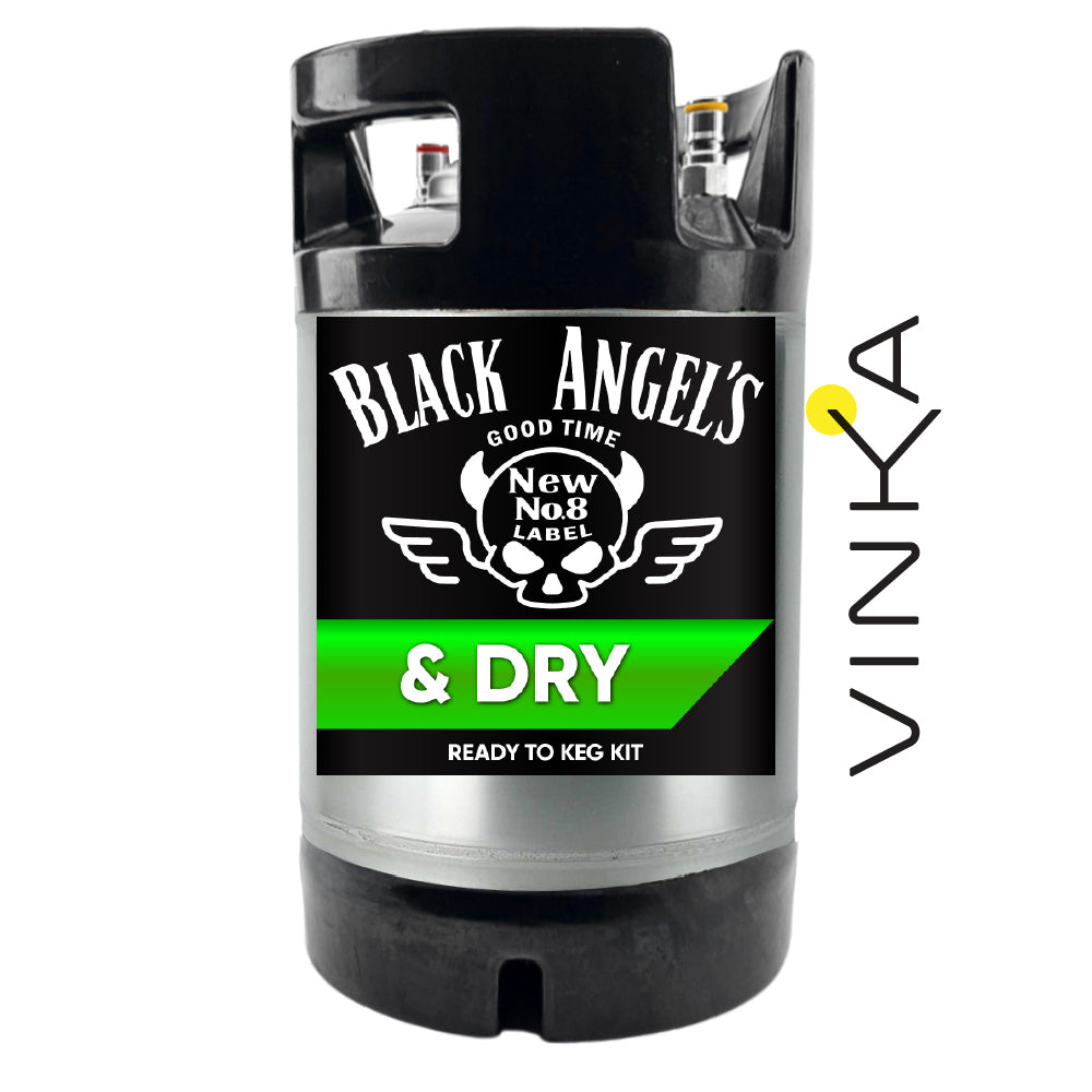 Black Angel's Good Time & Dry keg kit with Vinka branding on a white background