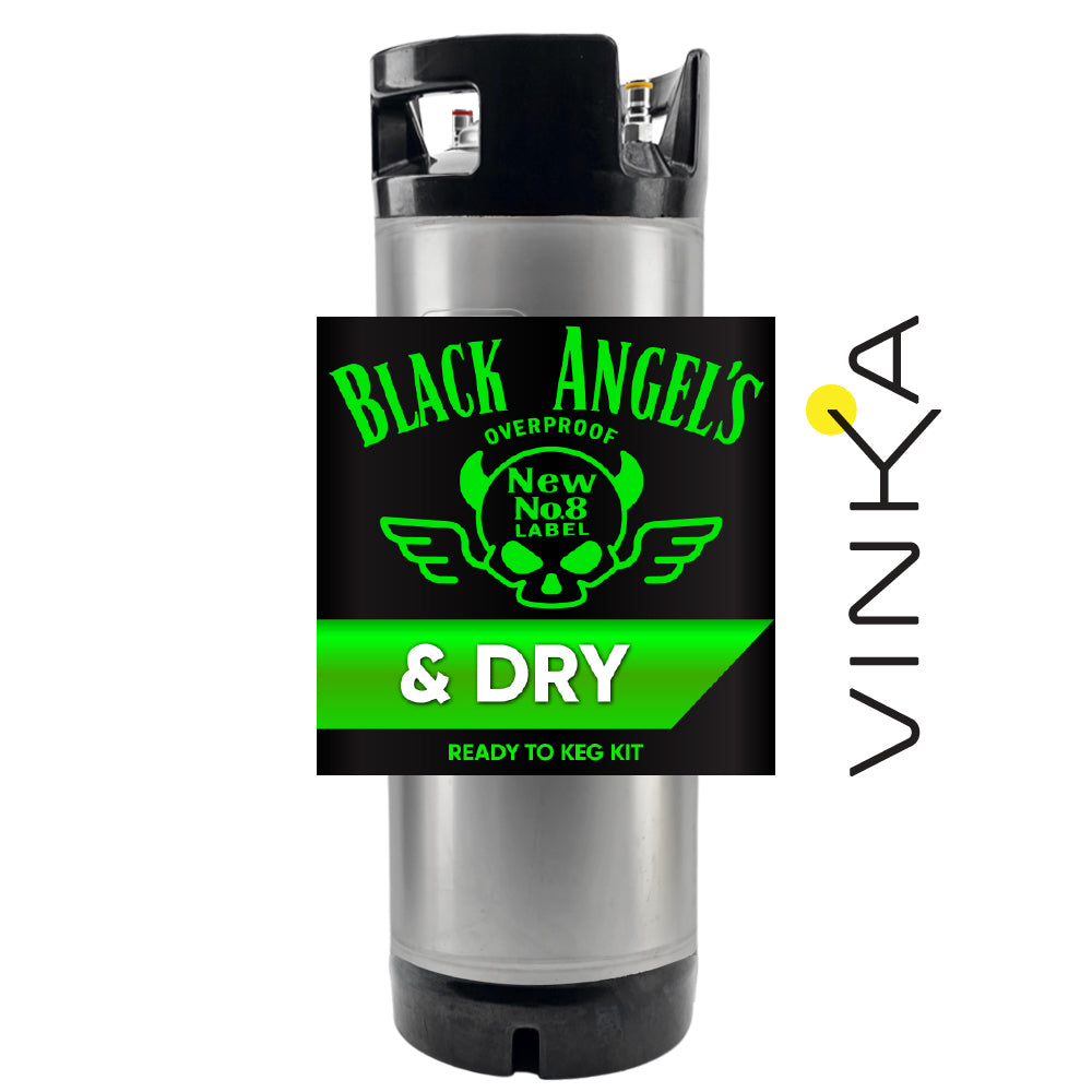 Black Angels Overproof New No.8 Label & Dry ready to keg kit with Vinka branding on a white background