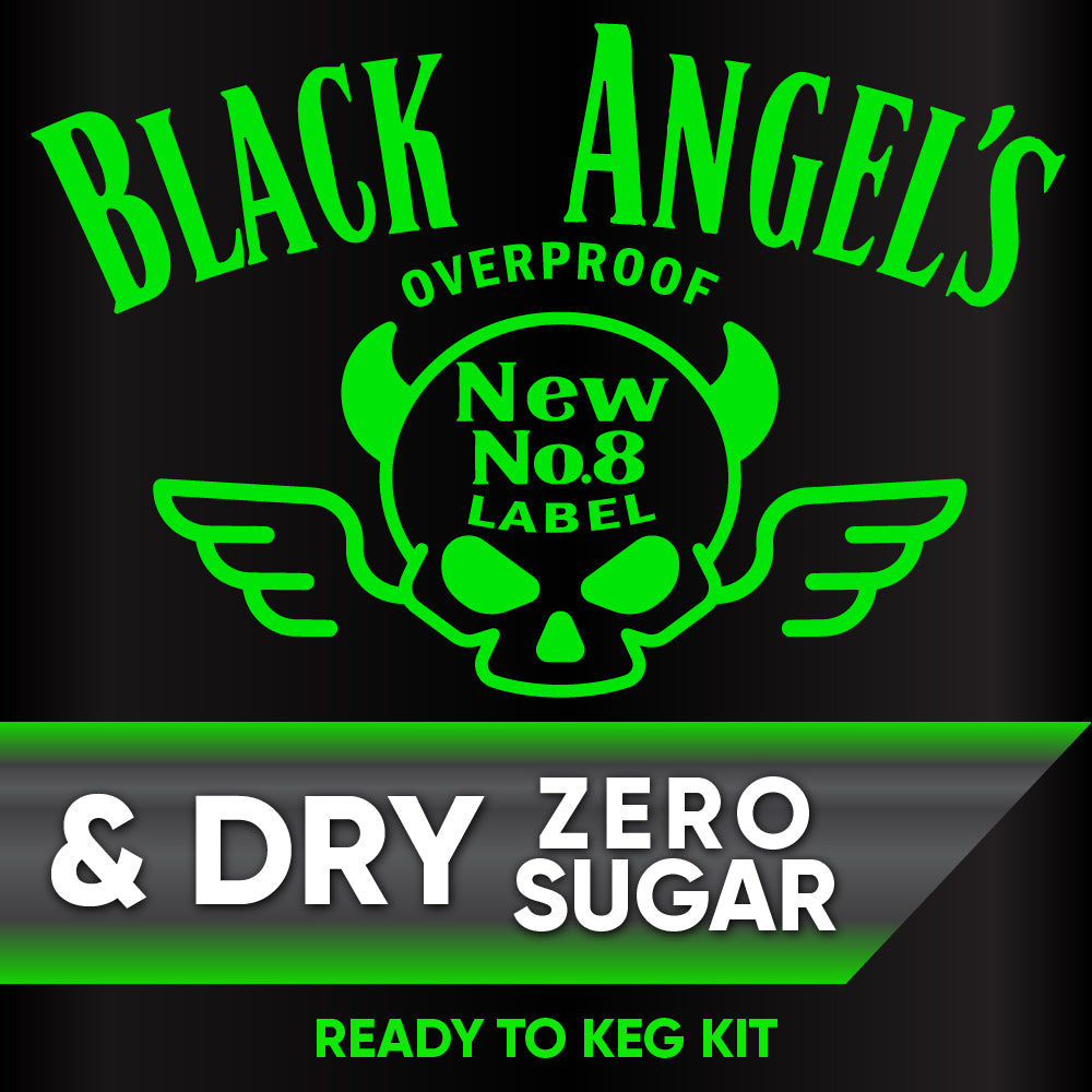 Black Angel's Overproof New No.8 Label ready to keg kit with green text on a black background