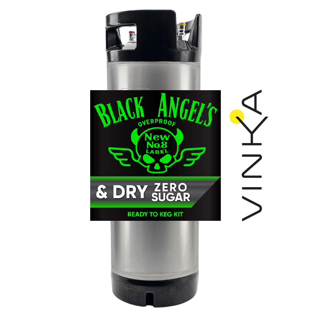 Black Angels Overproof New No.8 Label & Dry Zero Sugar ready to keg kit with Vinka branding.