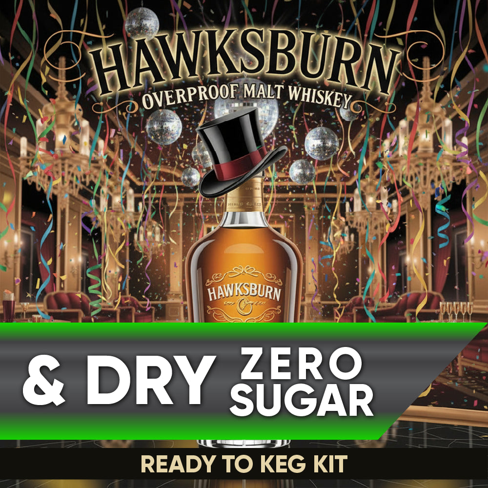 Hawksburn Overproof Malt Whiskey bottle with a top hat in a festive setting, featuring text about being 'Dry Zero Sugar' and 'Ready to Keg Kit'.