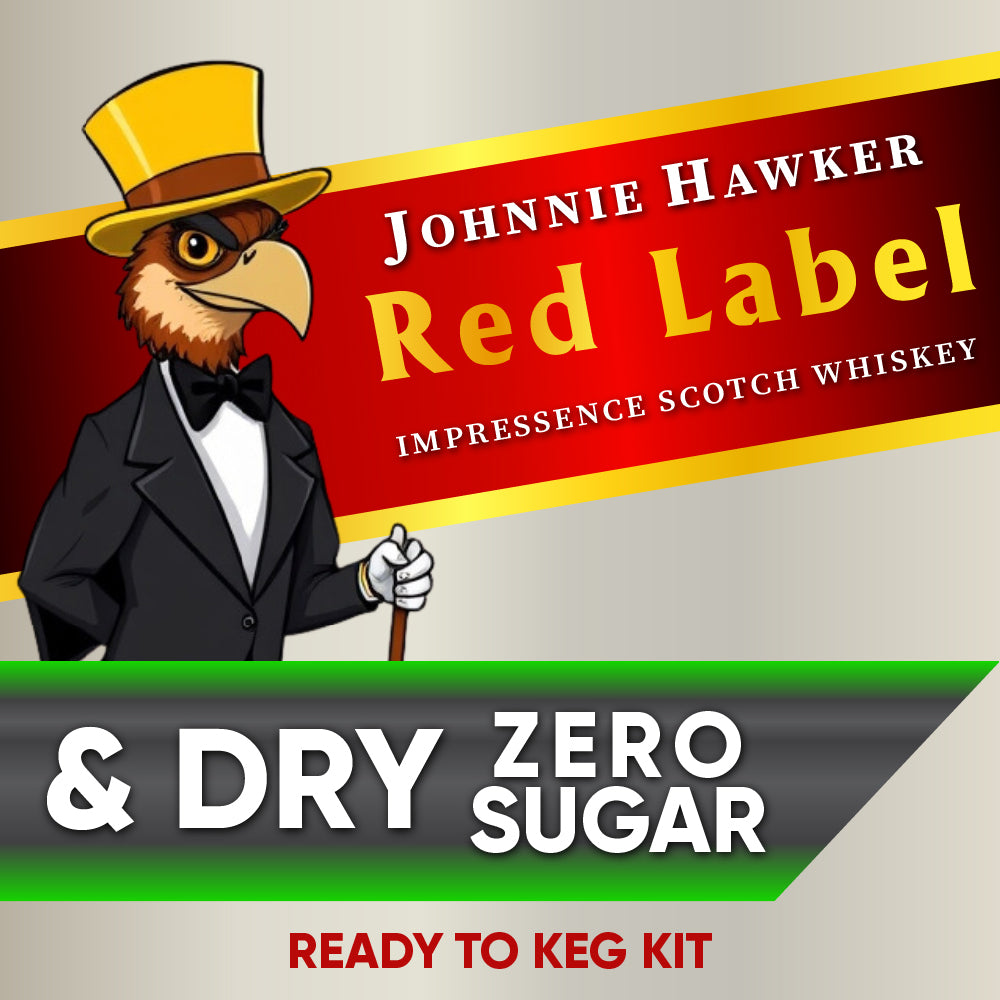 Johnnie Hawker Red Label Impresence Scotch Whiskey advertisement with an eagle mascot holding a sign.
