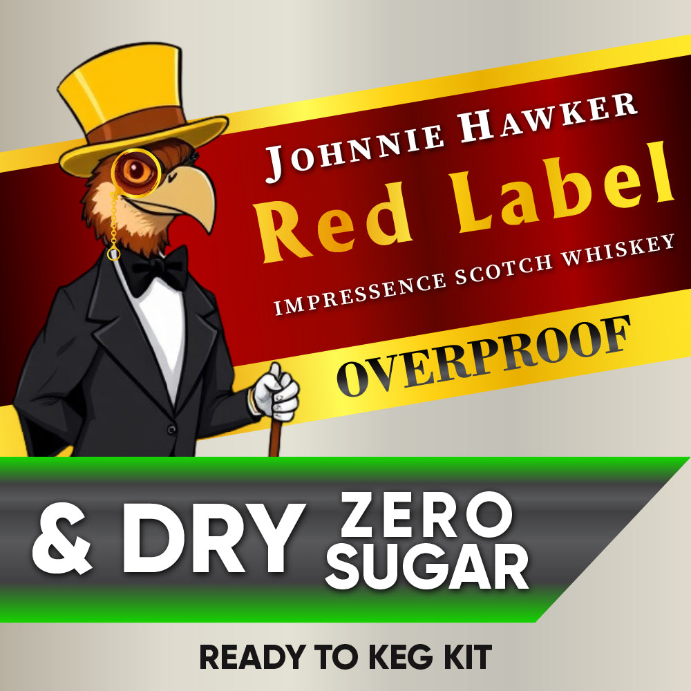 Johnnie Hawker Red Label Impresence Scotch Whiskey advertisement with cartoon eagle mascot.