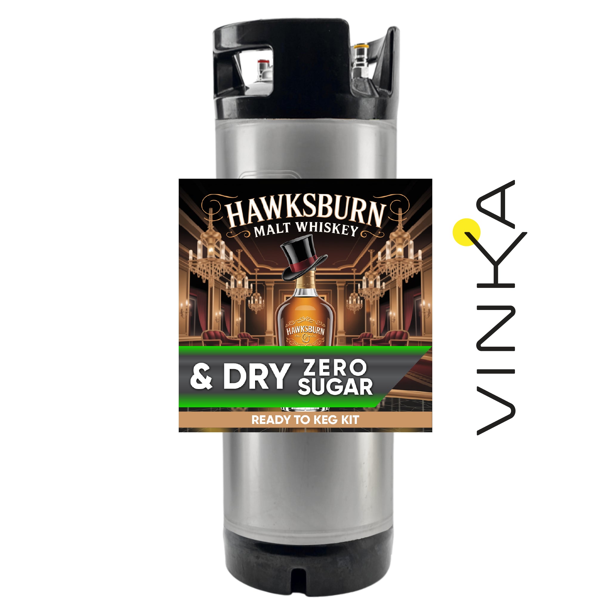Hawksburn Malt Whiskey & Dry Zero Sugar ready-to-keg kit with Vinka branding on a white background