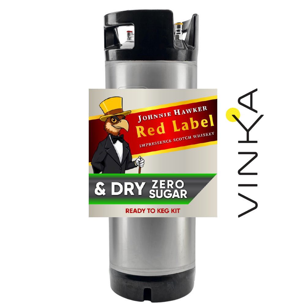 Johnnie Hawker Red Label & Dry Zero Sugar ready to keg kit with Vinka branding on a white background