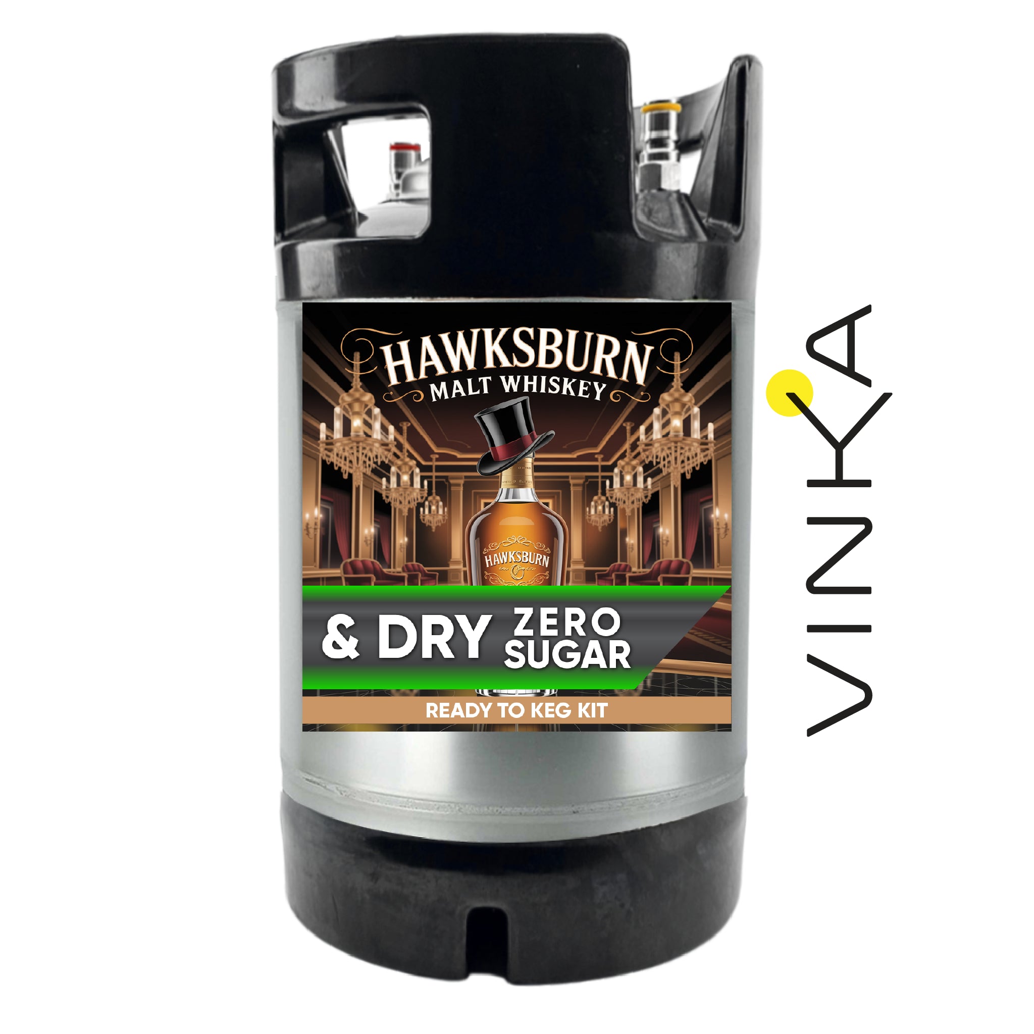 Hawksburn Malt Whiskey keg kit with Vinka branding on a white background