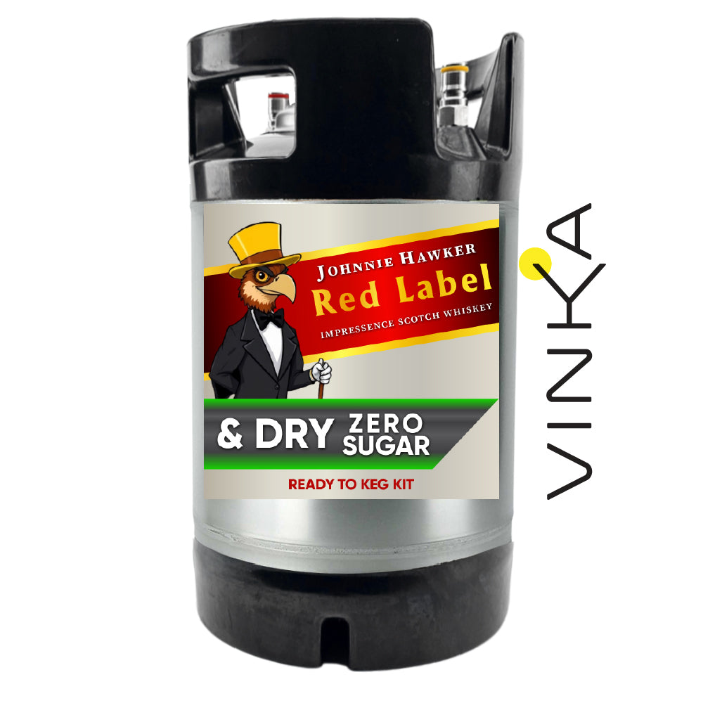Johnnie Hawker Red Label whiskey keg kit with Vinka branding on a white background