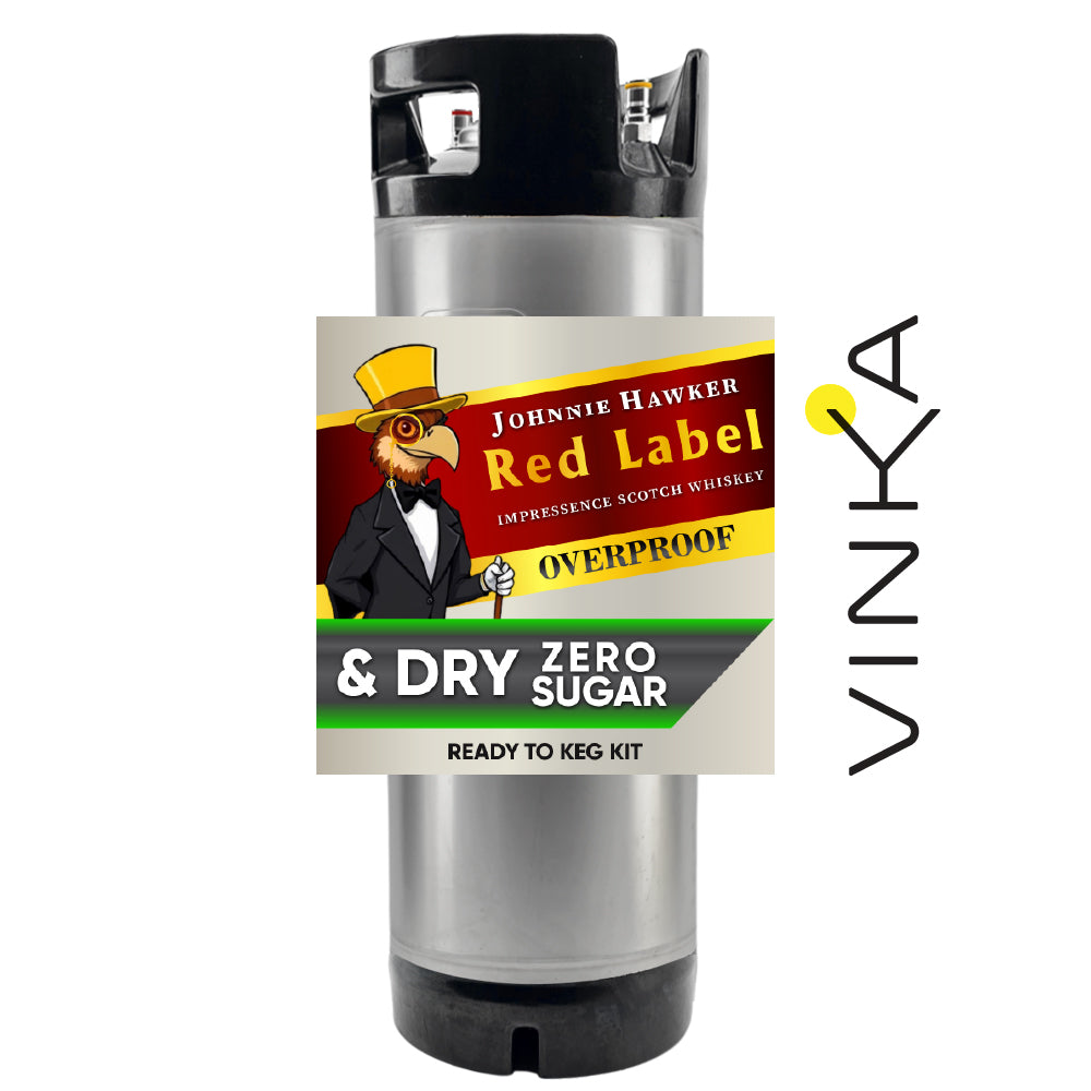Johnnie Hawker Red Label overproof whisky ready to keg kit with Vinka branding.