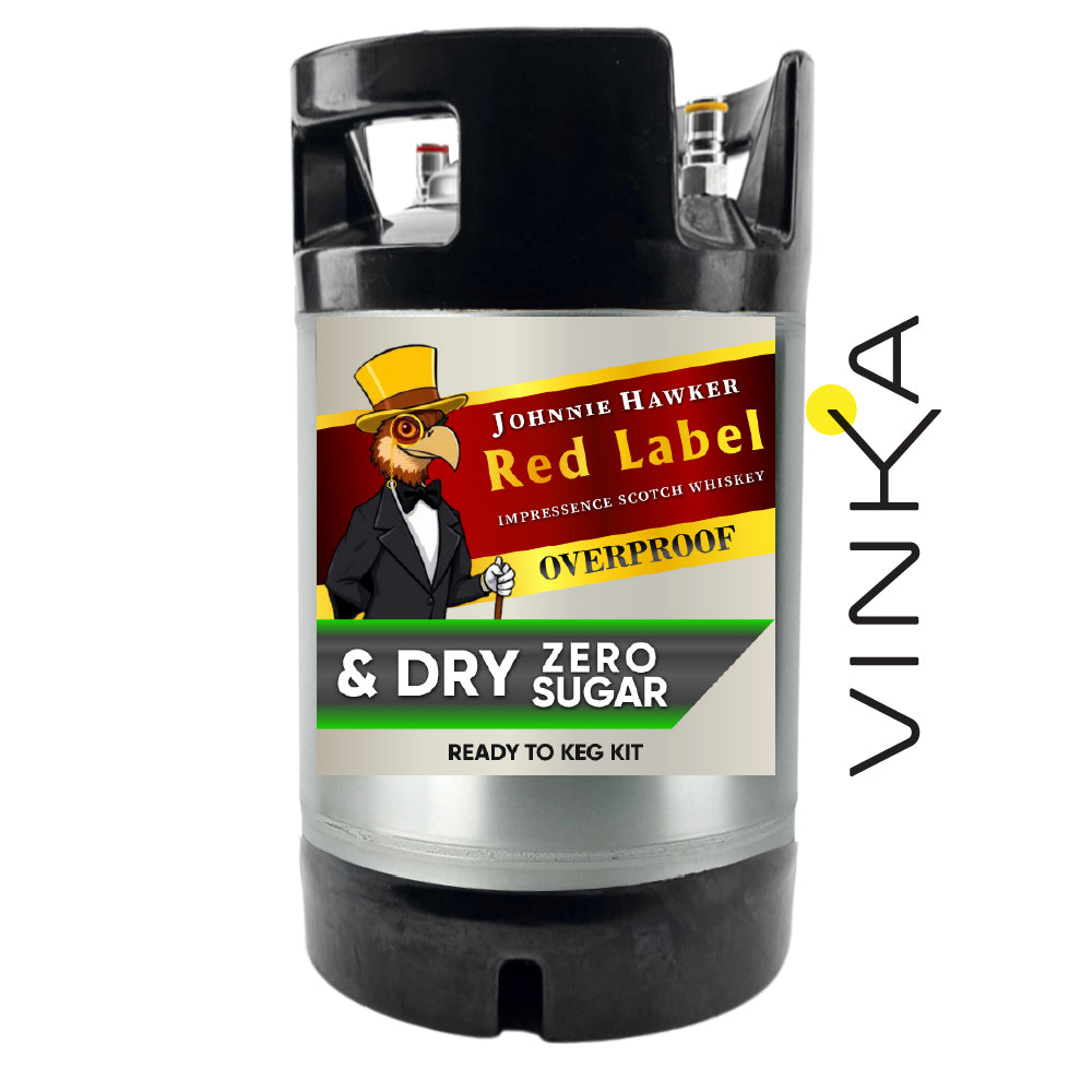 Johnnie Walker Red Label Overproof whiskey keg kit with Vinka branding on a white background