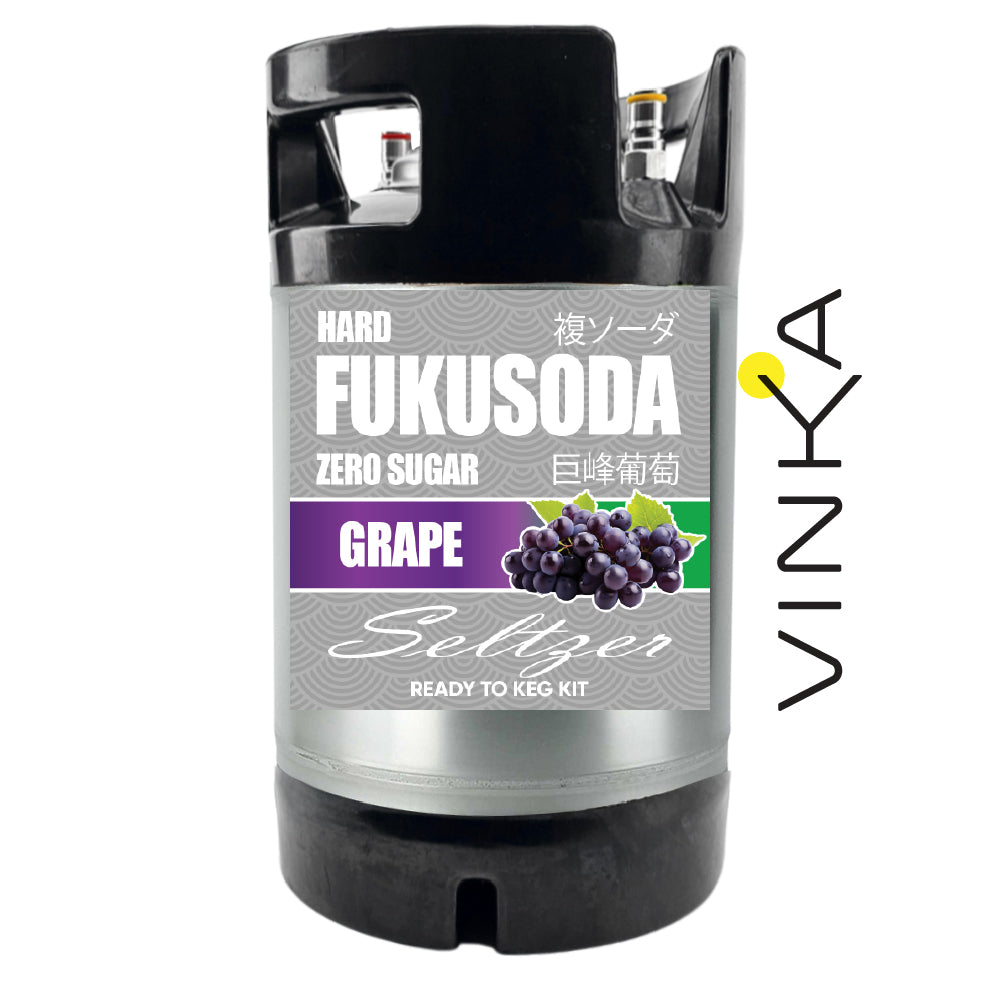 Fukusoda grape seltzer keg kit with Vinka branding on a white background