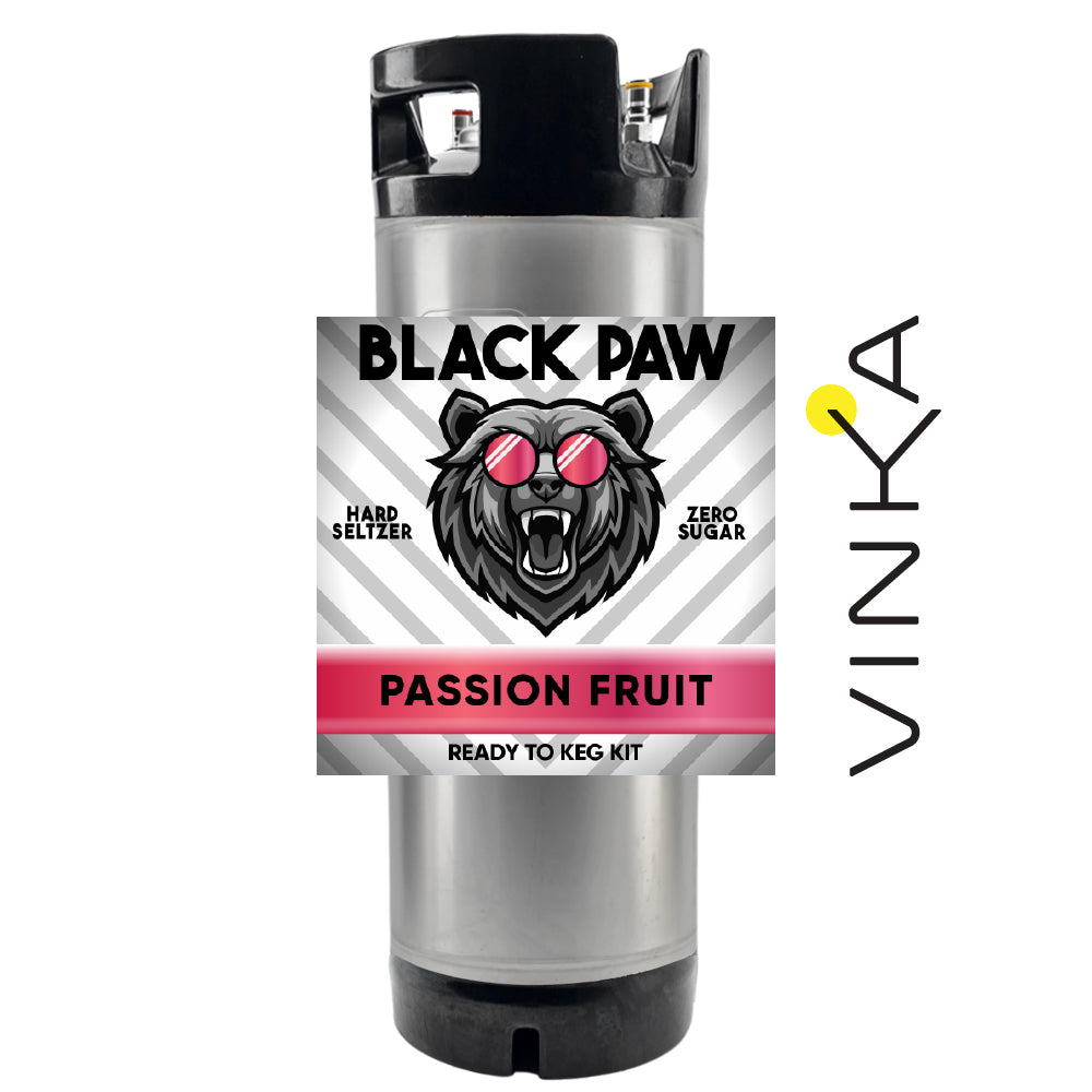 Logo of Black Paw Hard Seltzer with a passionfruit flavor theme, featuring a stylized paw and the text 'PASSION FRUIT' alongside 'READY TO KEG KIT'.
